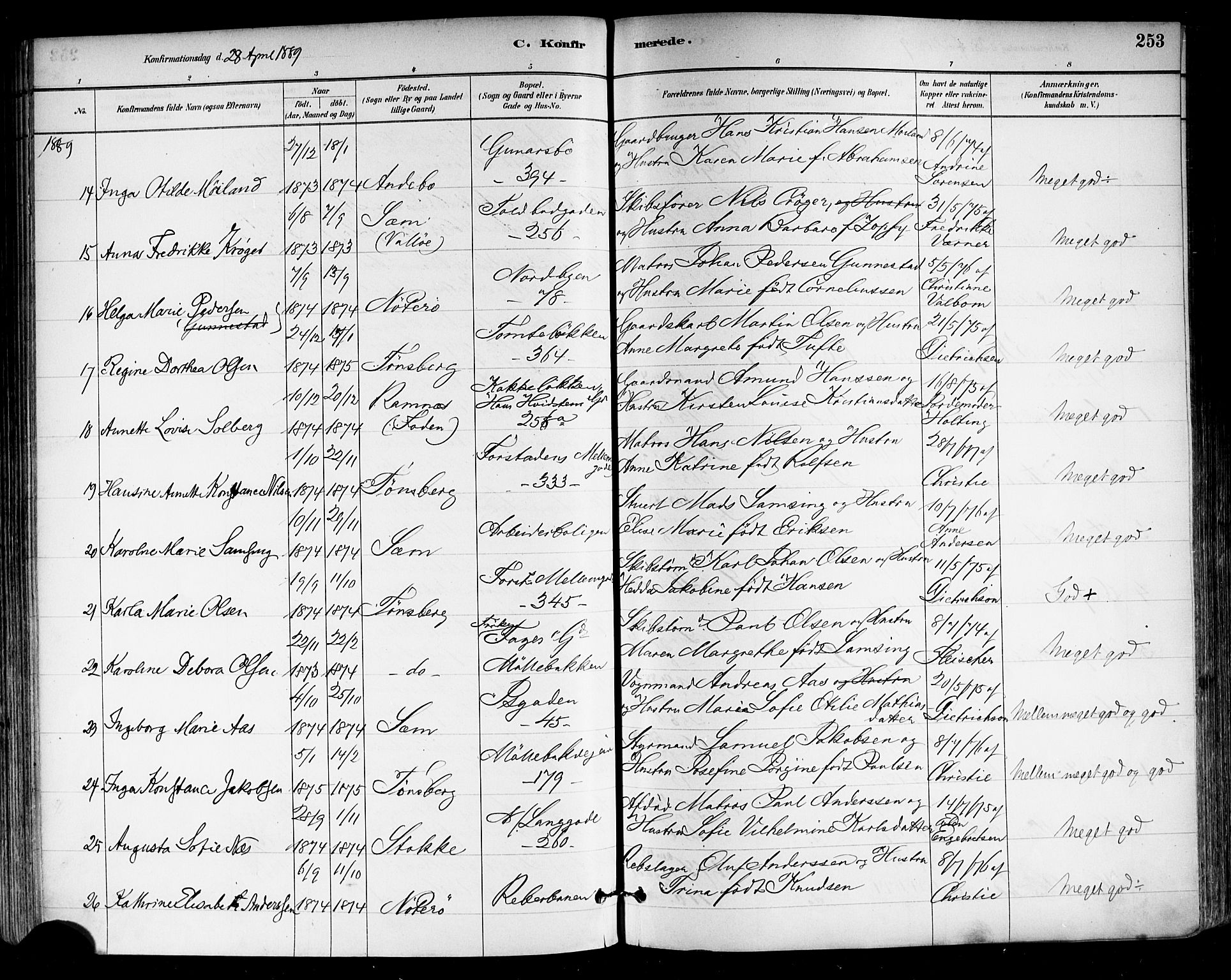 Tønsberg kirkebøker, AV/SAKO-A-330/F/Fa/L0011: Parish register (official) no. I 11, 1881-1890, p. 253