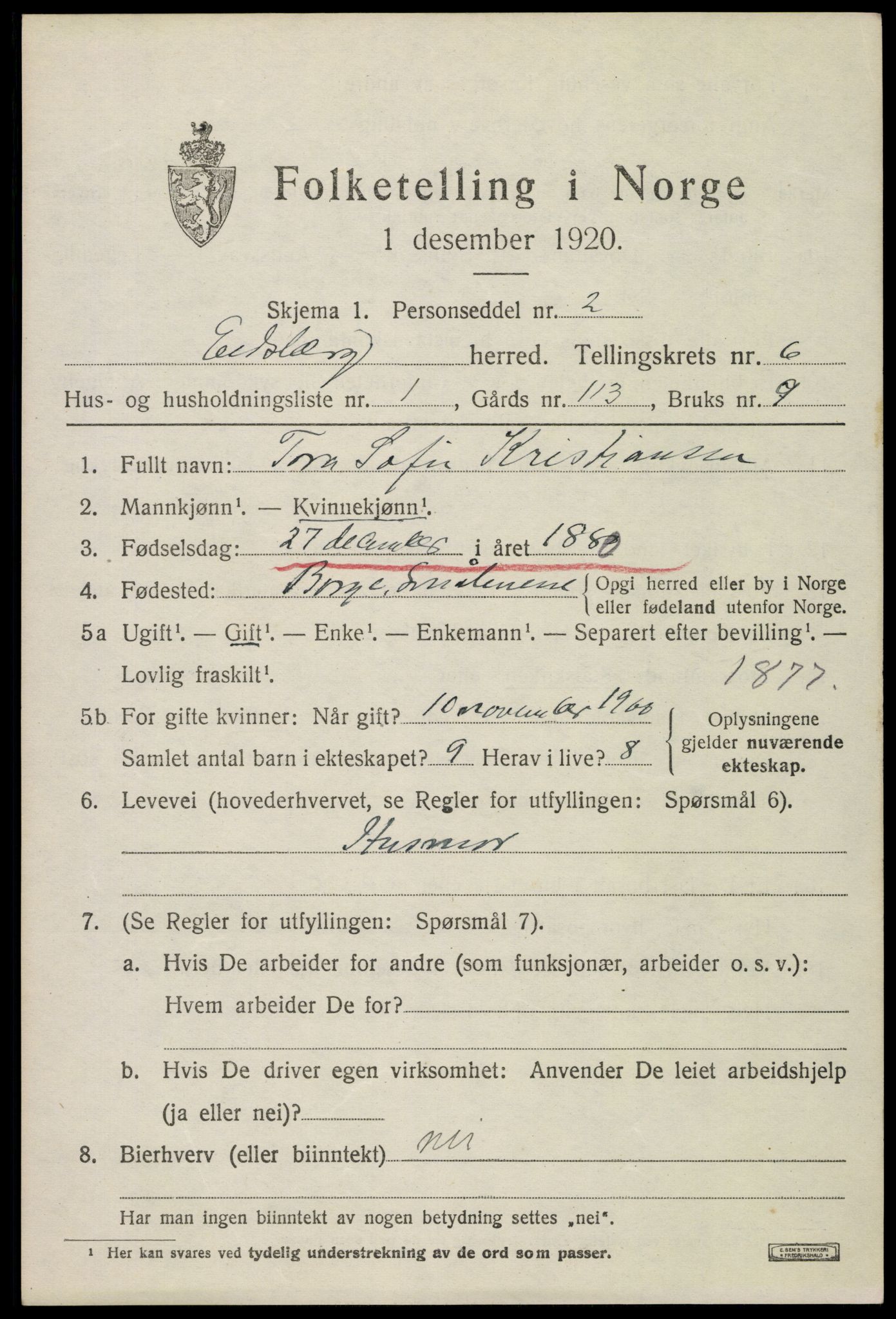 SAO, 1920 census for Eidsberg, 1920, p. 7483