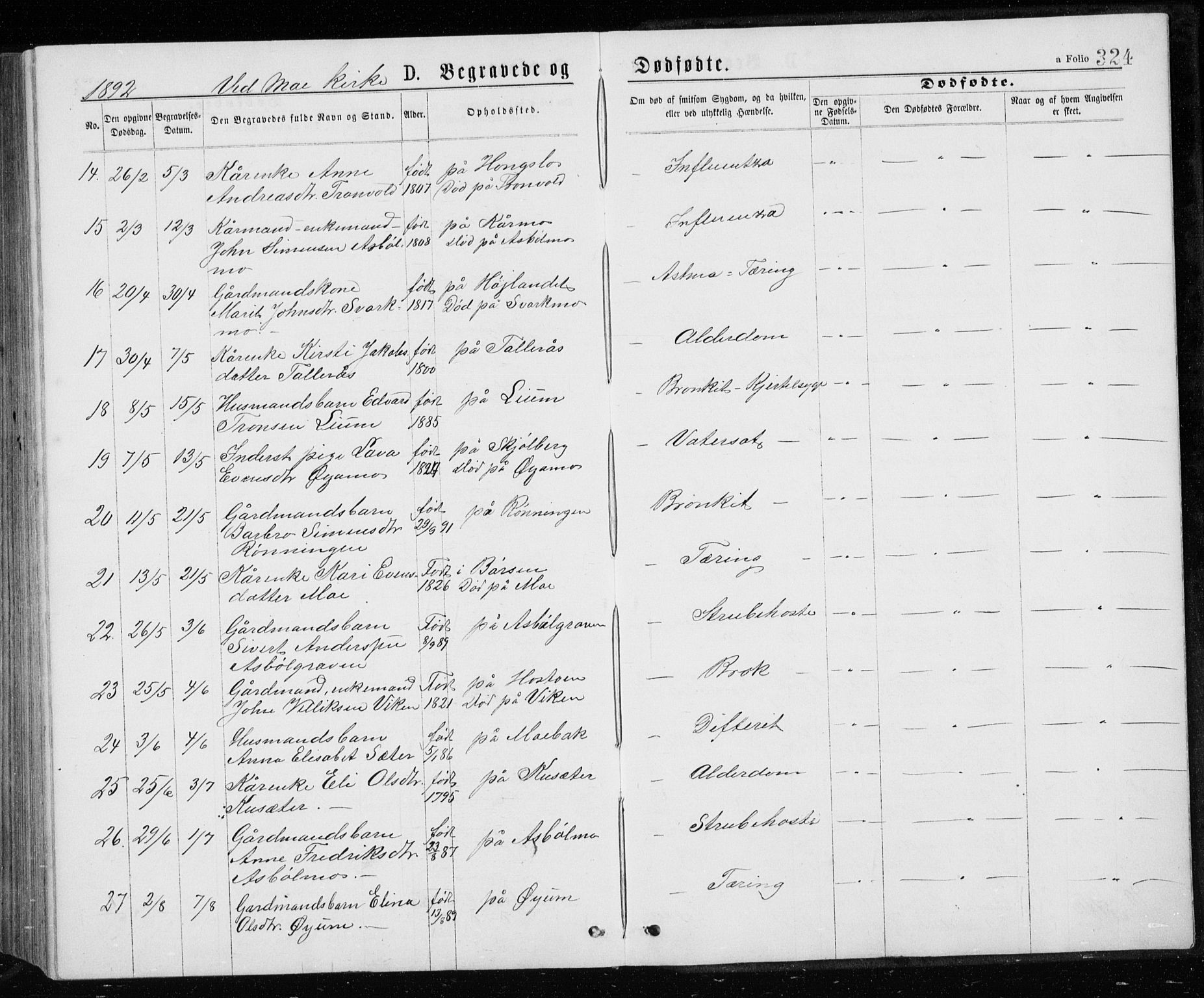 Ministerialprotokoller, klokkerbøker og fødselsregistre - Sør-Trøndelag, SAT/A-1456/671/L0843: Parish register (copy) no. 671C02, 1873-1892, p. 324