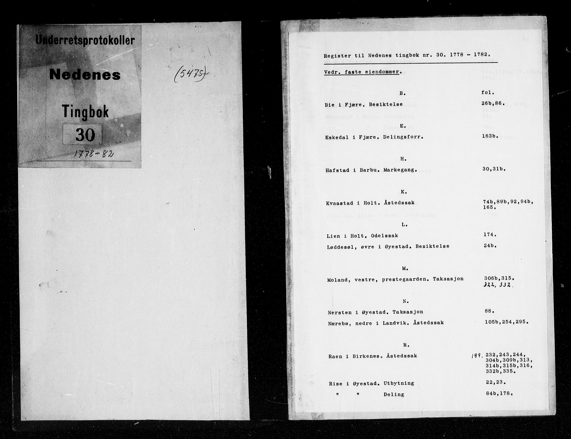 Nedenes sorenskriveri før 1824, SAK/1221-0007/F/Fa/L0035: Tingbok med register nr 30, 1778-1782