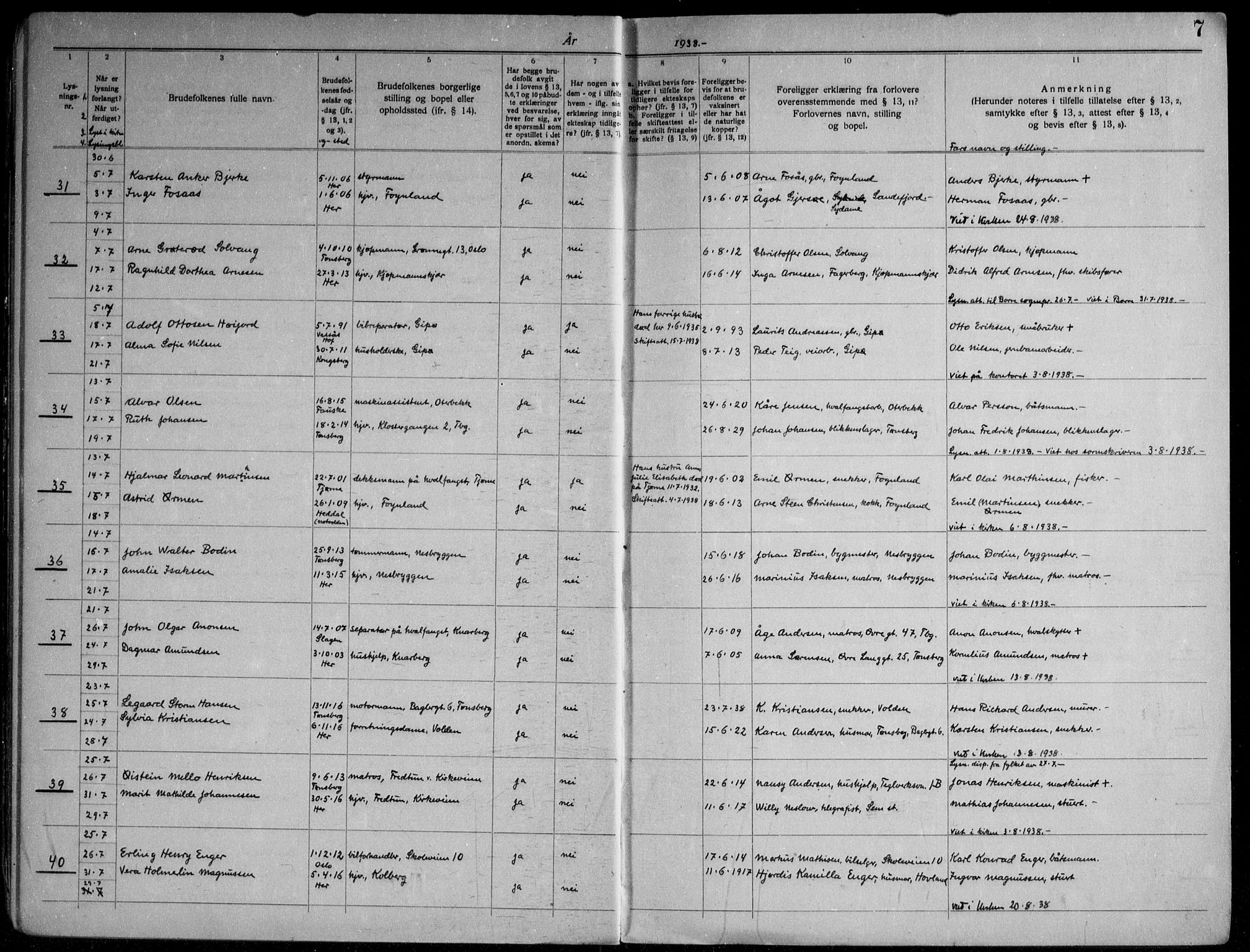 Nøtterøy kirkebøker, AV/SAKO-A-354/H/Ha/L0002: Banns register no. 2, 1937-1952, p. 7