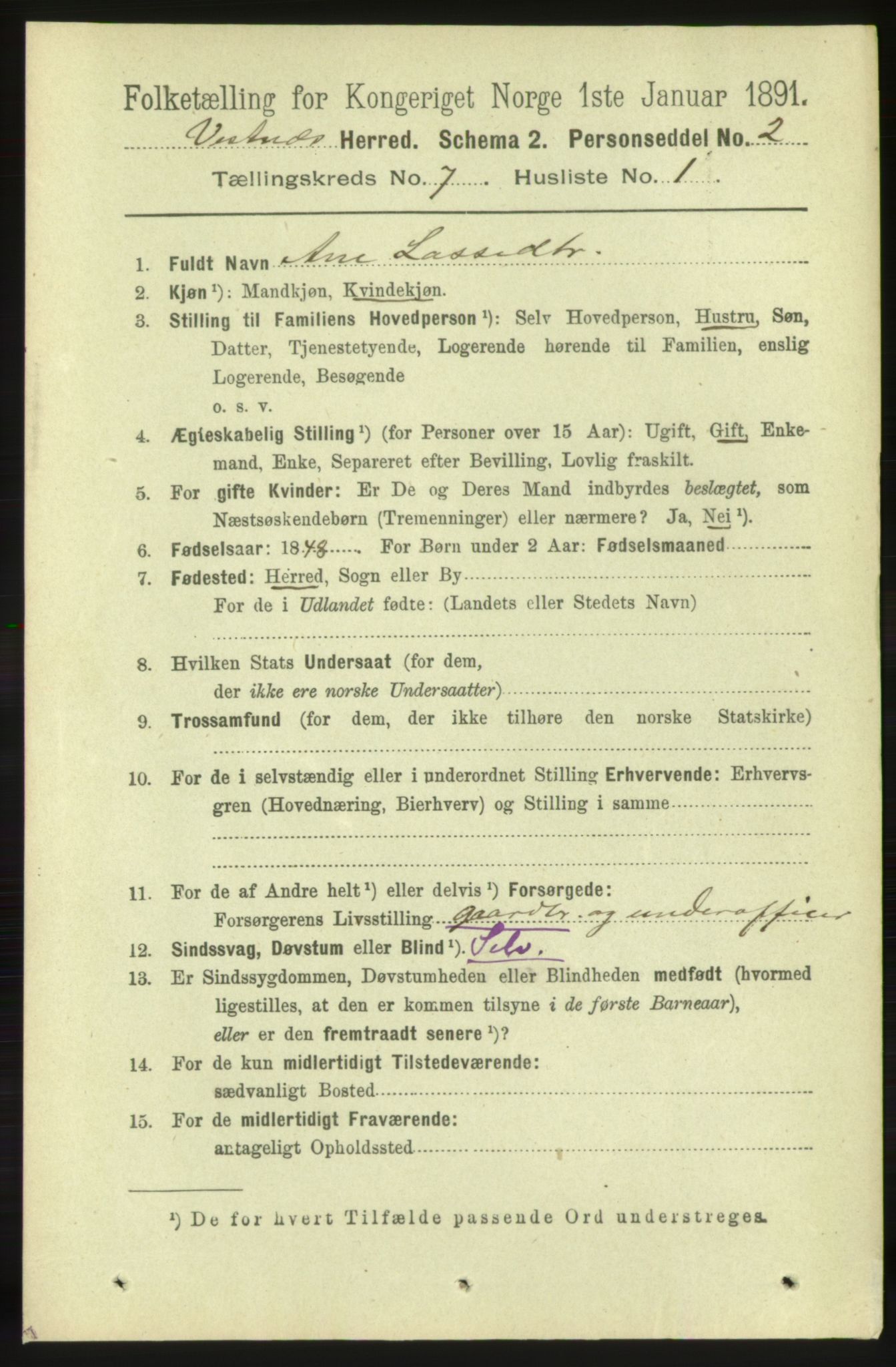 RA, 1891 census for 1535 Vestnes, 1891, p. 2694