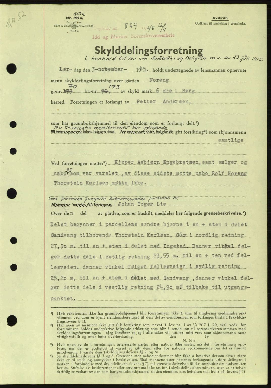 Idd og Marker sorenskriveri, AV/SAO-A-10283/G/Gb/Gbb/L0007: Mortgage book no. A7, 1944-1945, Diary no: : 859/1945