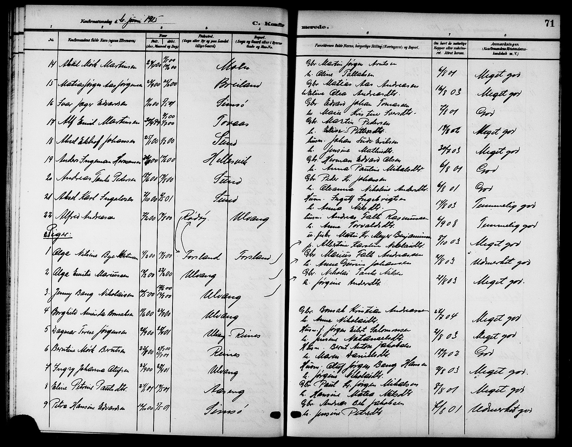 Ministerialprotokoller, klokkerbøker og fødselsregistre - Nordland, AV/SAT-A-1459/832/L0494: Parish register (copy) no. 832C01, 1906-1922, p. 71