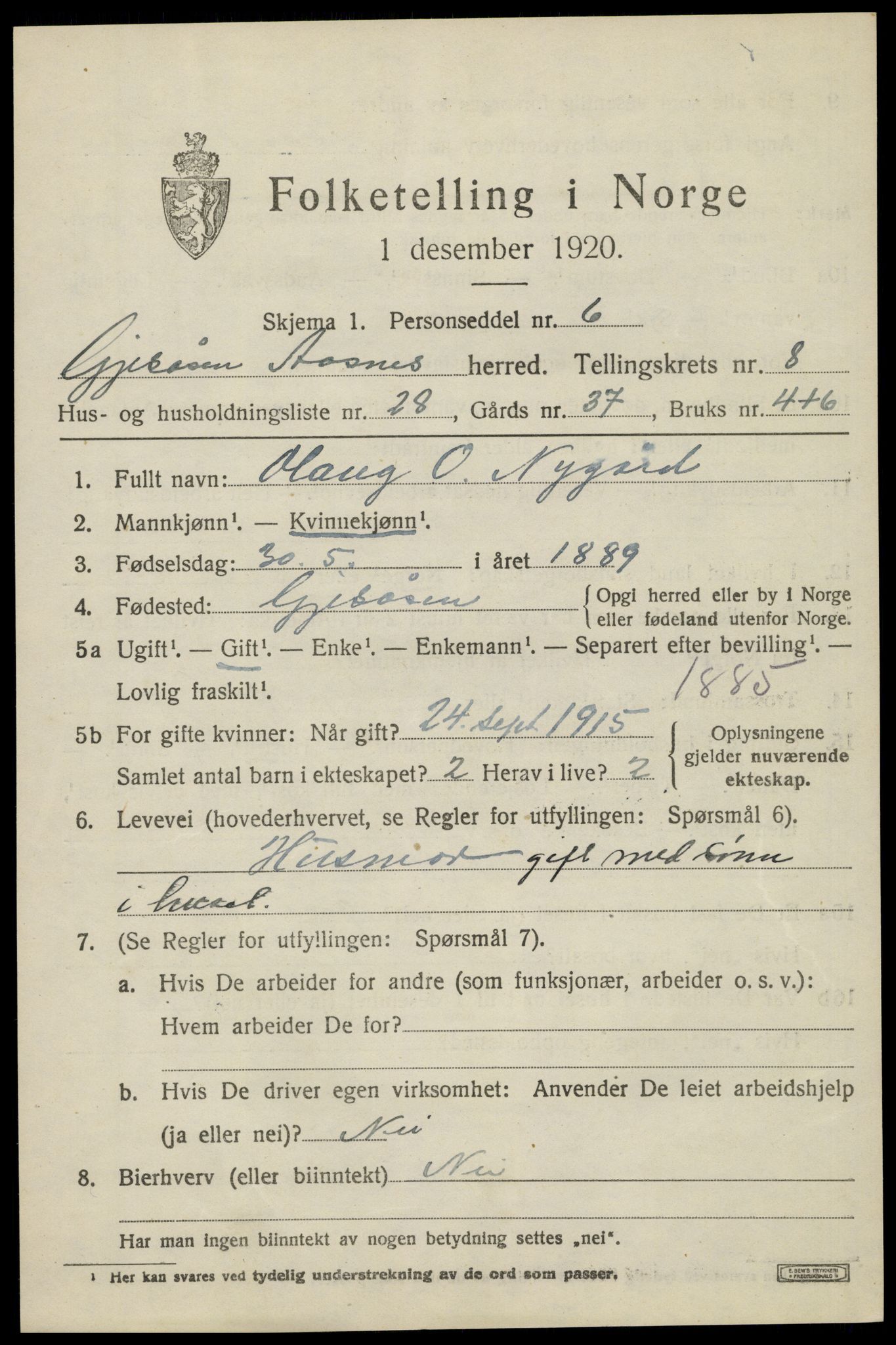 SAH, 1920 census for Åsnes, 1920, p. 9522