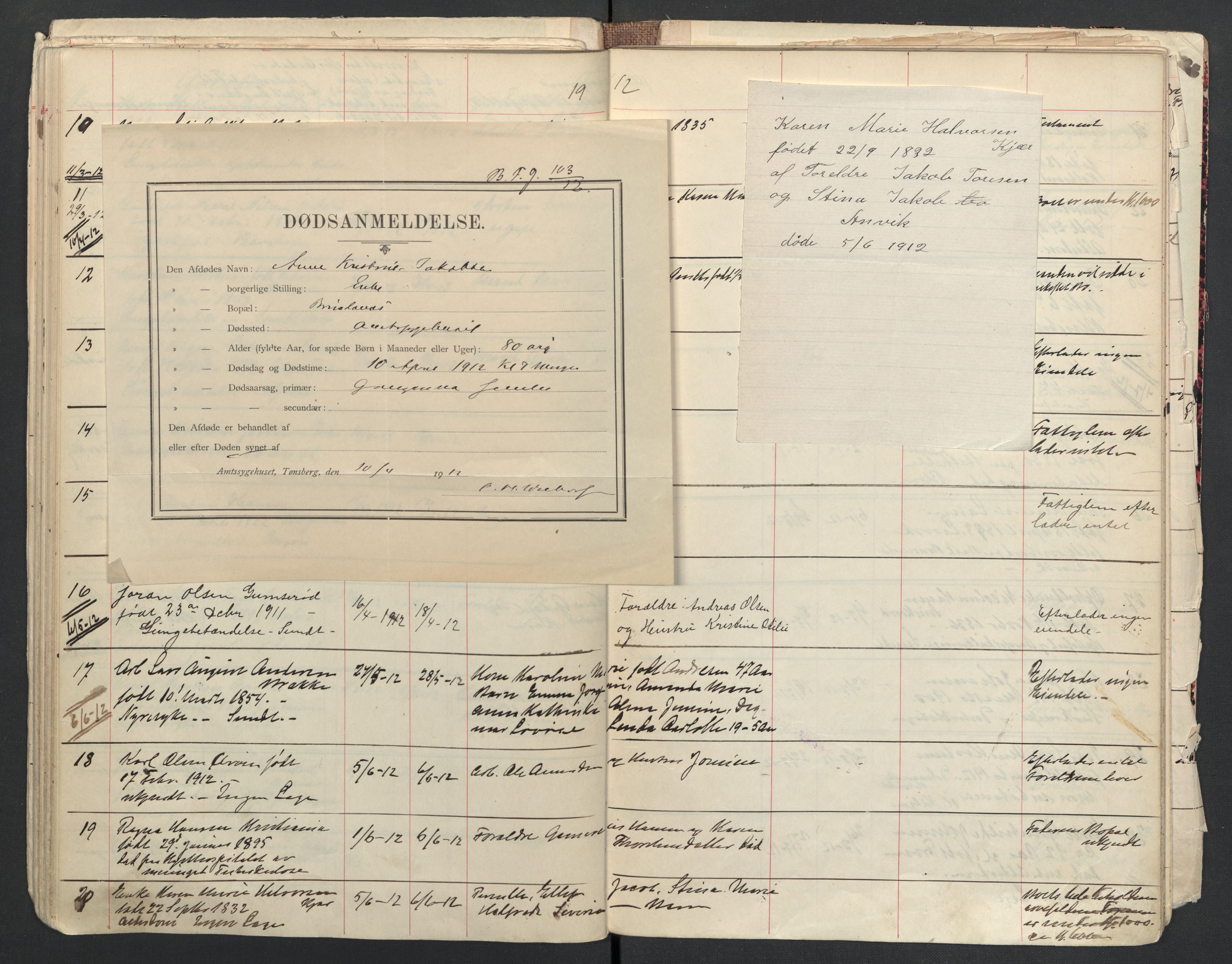 Brunlanes lensmannskontor, SAKO/A-535/H/Ha/L0002: Dødsfallsprotokoll, 1903-1918
