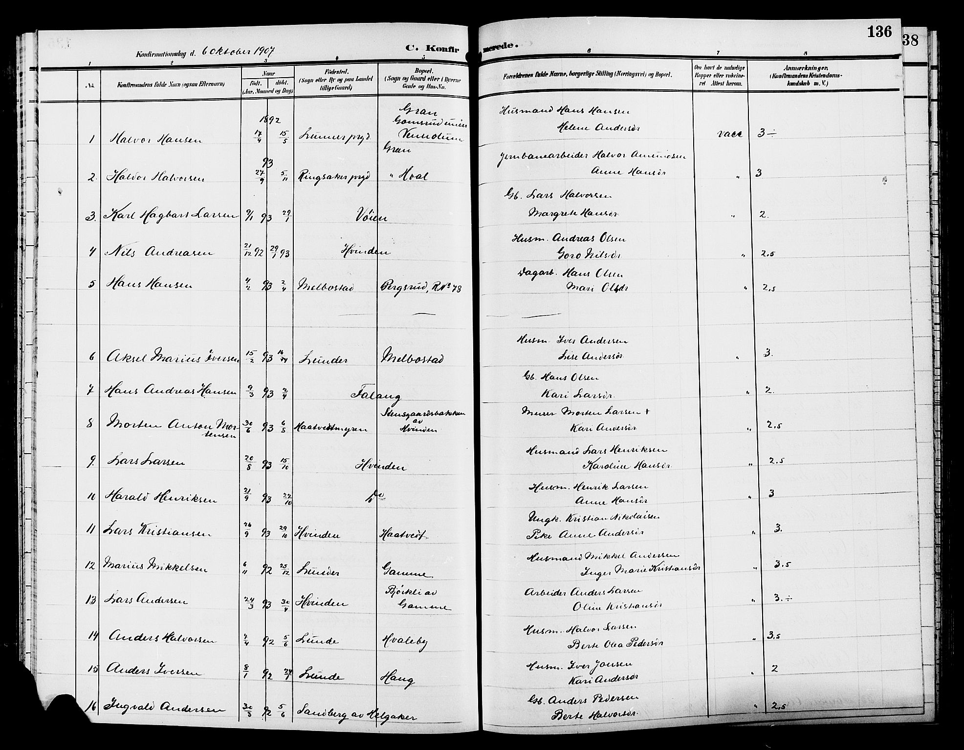 Gran prestekontor, SAH/PREST-112/H/Ha/Hab/L0006: Parish register (copy) no. 6, 1901-1911, p. 136