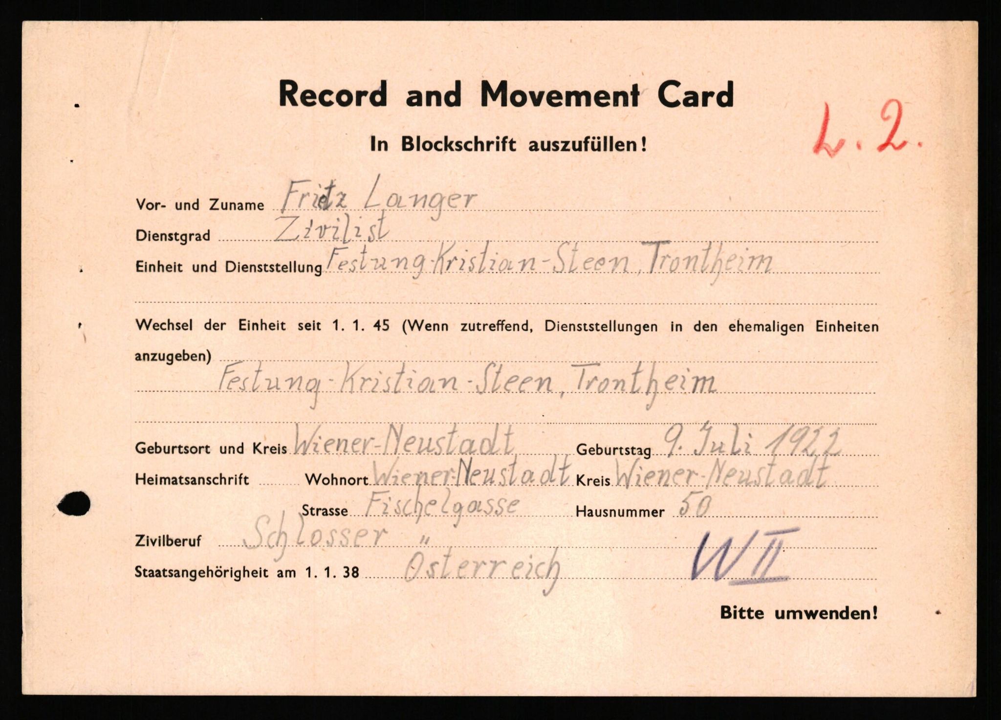 Forsvaret, Forsvarets overkommando II, AV/RA-RAFA-3915/D/Db/L0039: CI Questionaires. Tyske okkupasjonsstyrker i Norge. Østerrikere., 1945-1946, p. 248