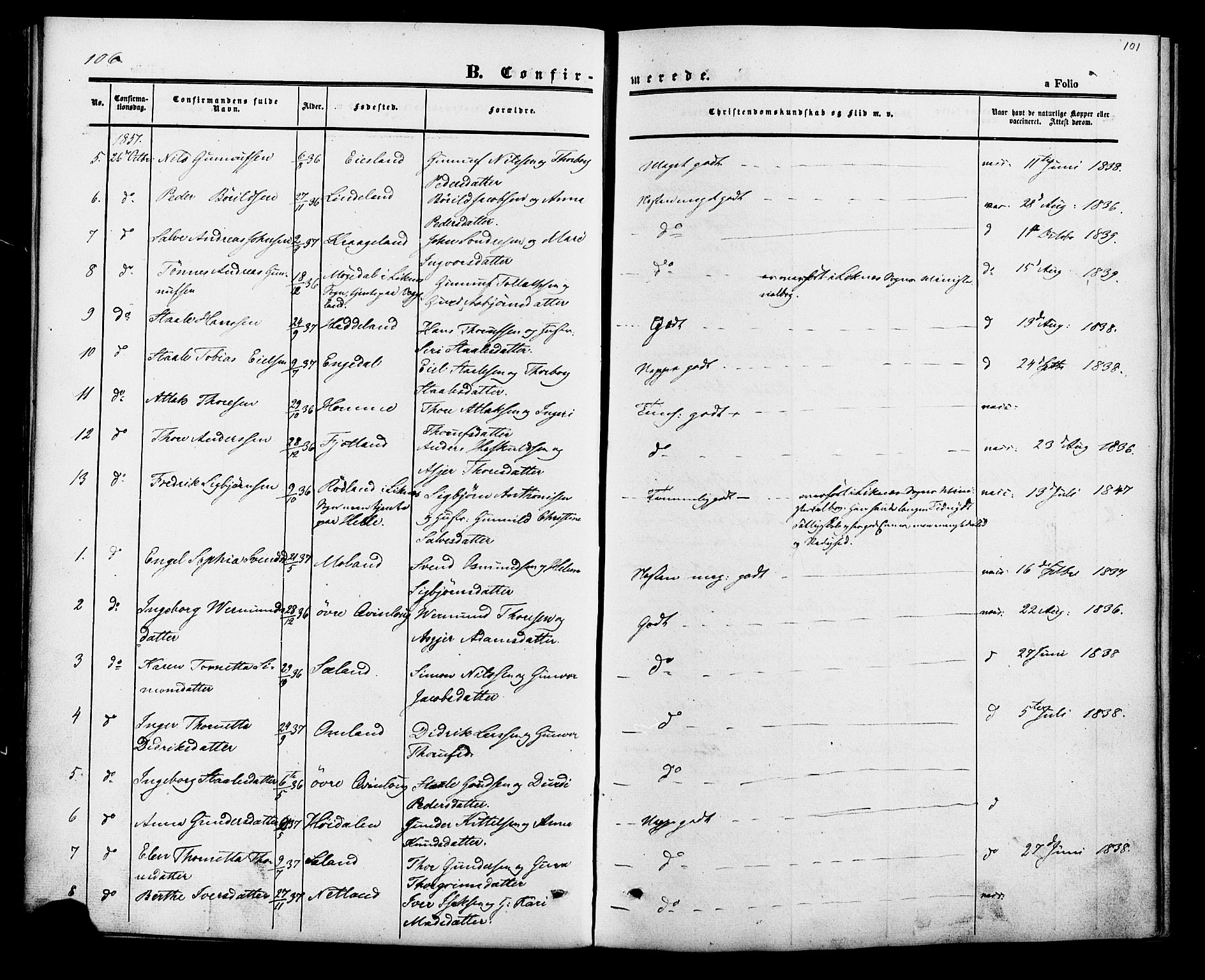 Fjotland sokneprestkontor, AV/SAK-1111-0010/F/Fa/L0001: Parish register (official) no. A 1, 1850-1879, p. 101