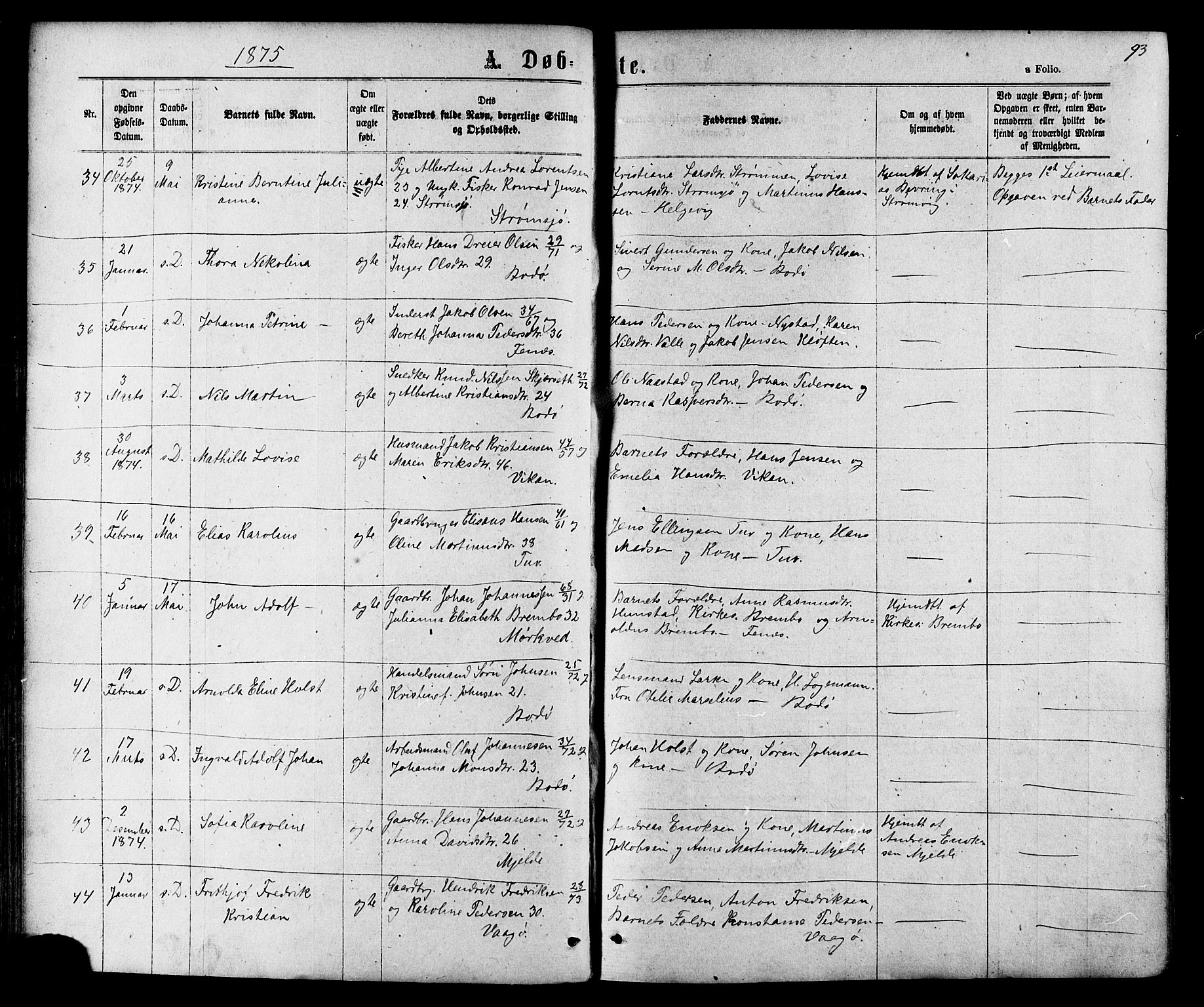 Ministerialprotokoller, klokkerbøker og fødselsregistre - Nordland, AV/SAT-A-1459/801/L0029: Parish register (copy) no. 801C04, 1868-1878, p. 93