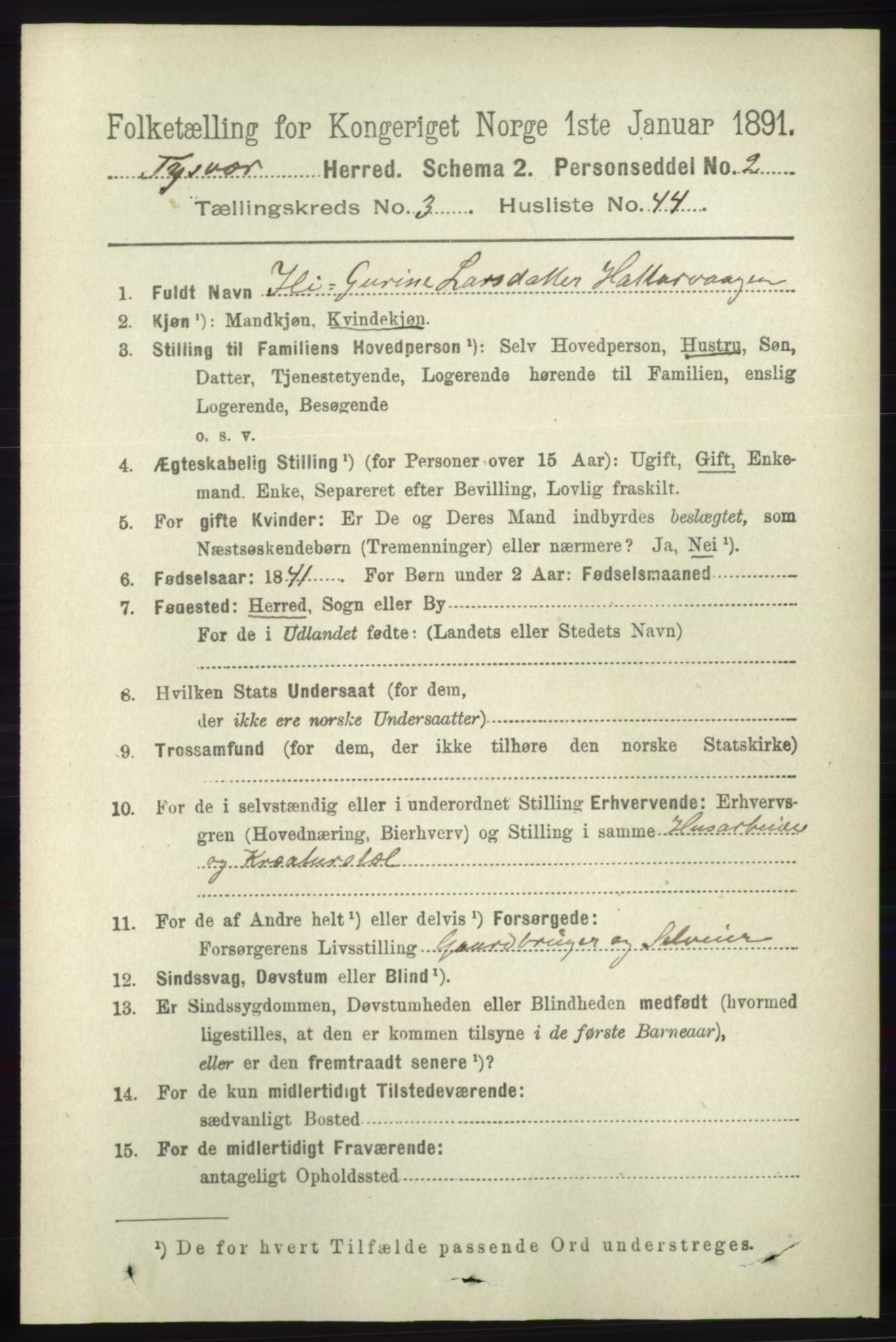 RA, 1891 census for 1146 Tysvær, 1891, p. 1441