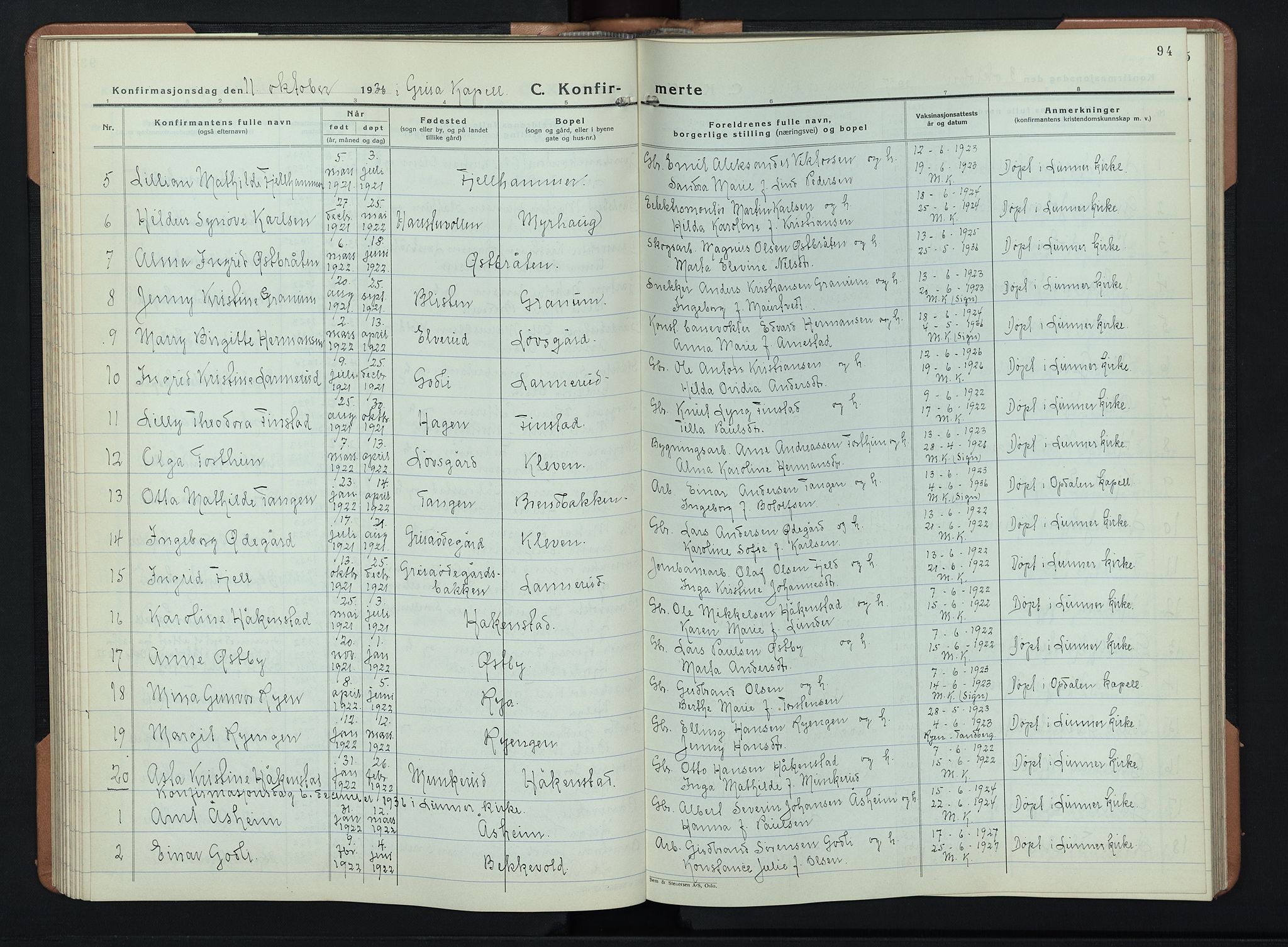 Lunner prestekontor, AV/SAH-PREST-118/H/Ha/Hab/L0003: Parish register (copy) no. 3, 1933-1945, p. 94