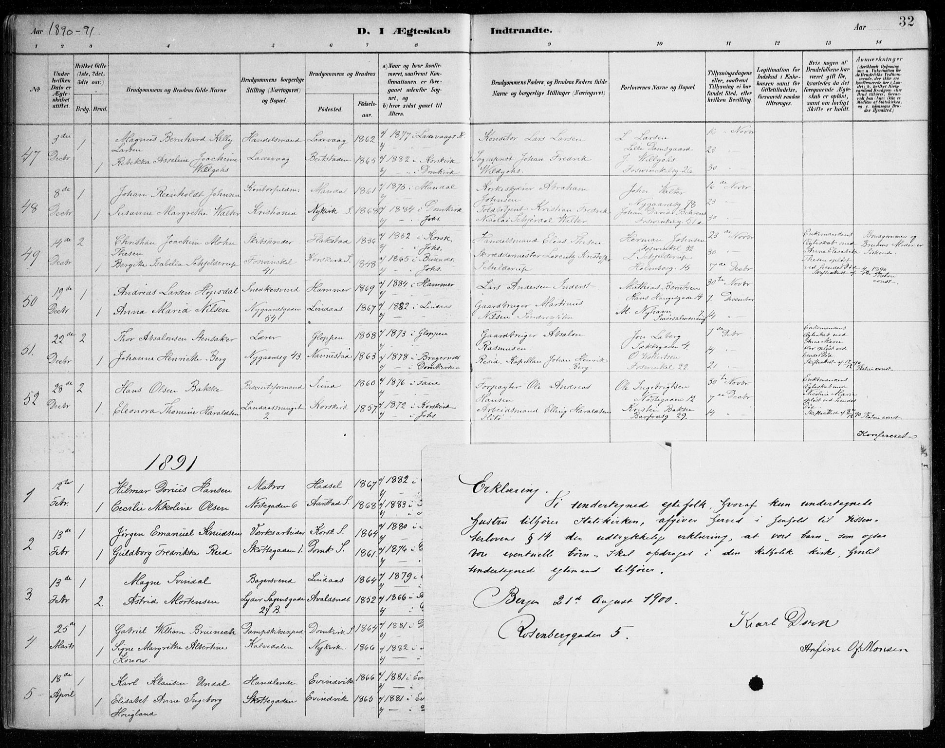 Johanneskirken sokneprestembete, SAB/A-76001/H/Haa/L0012: Parish register (official) no. D 1, 1885-1912, p. 32