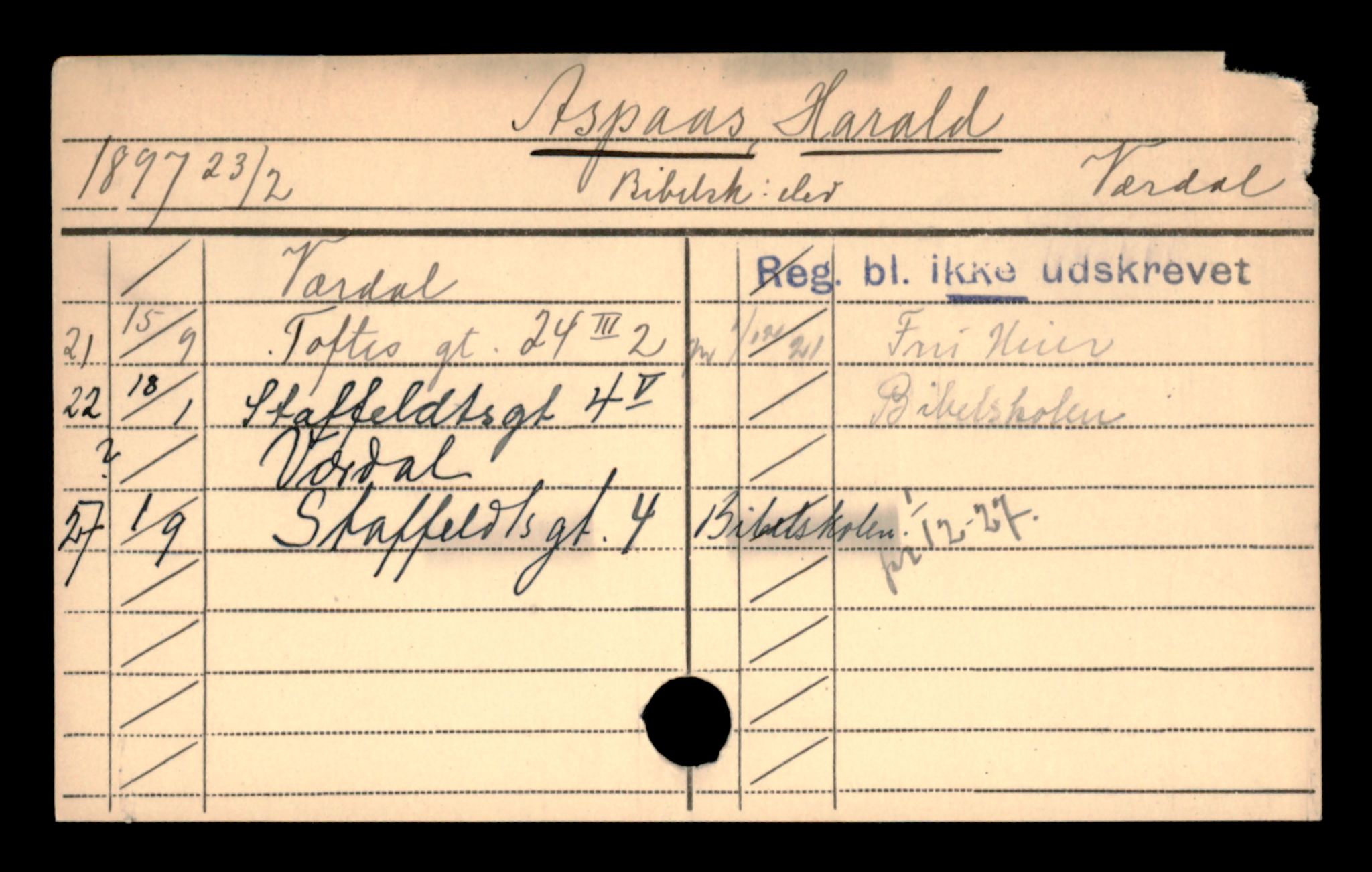 Oslo folkeregister, Registerkort, SAO/A-11715/D/Da/L0007: Menn: Aspaas Harald - Bedin Henning, 1906-1919