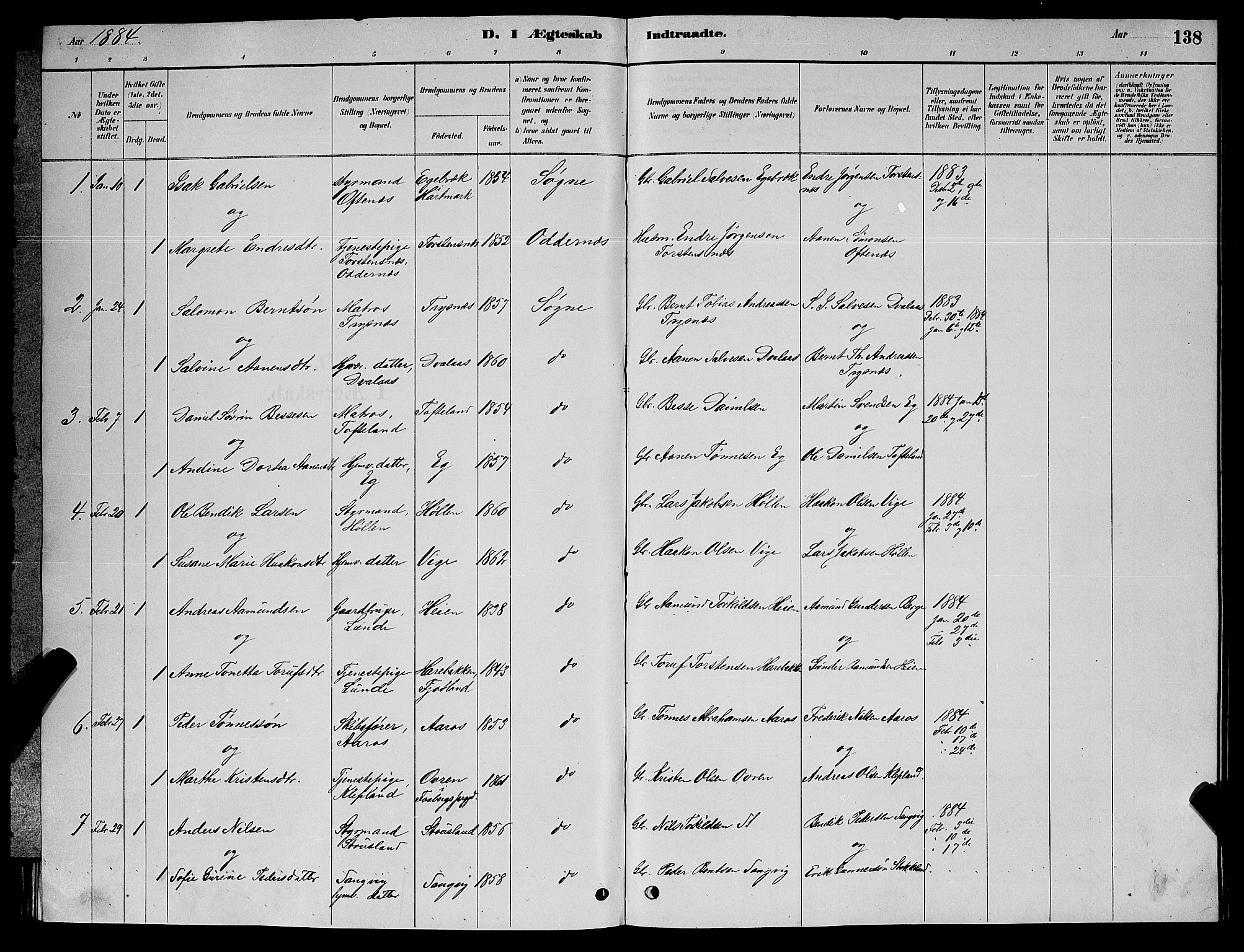 Søgne sokneprestkontor, SAK/1111-0037/F/Fb/Fbb/L0005: Parish register (copy) no. B 5, 1884-1891, p. 138