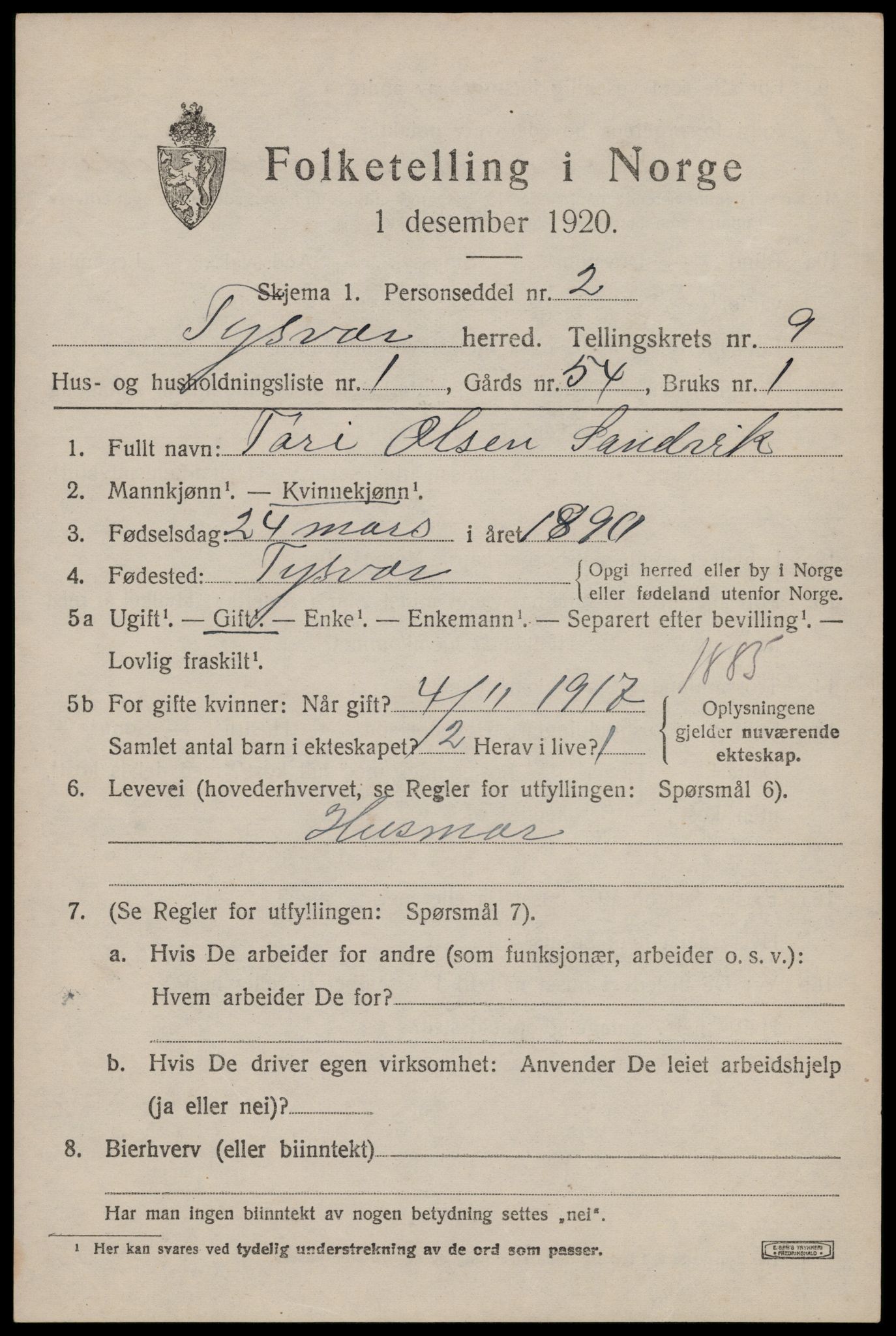 SAST, 1920 census for Tysvær, 1920, p. 3620