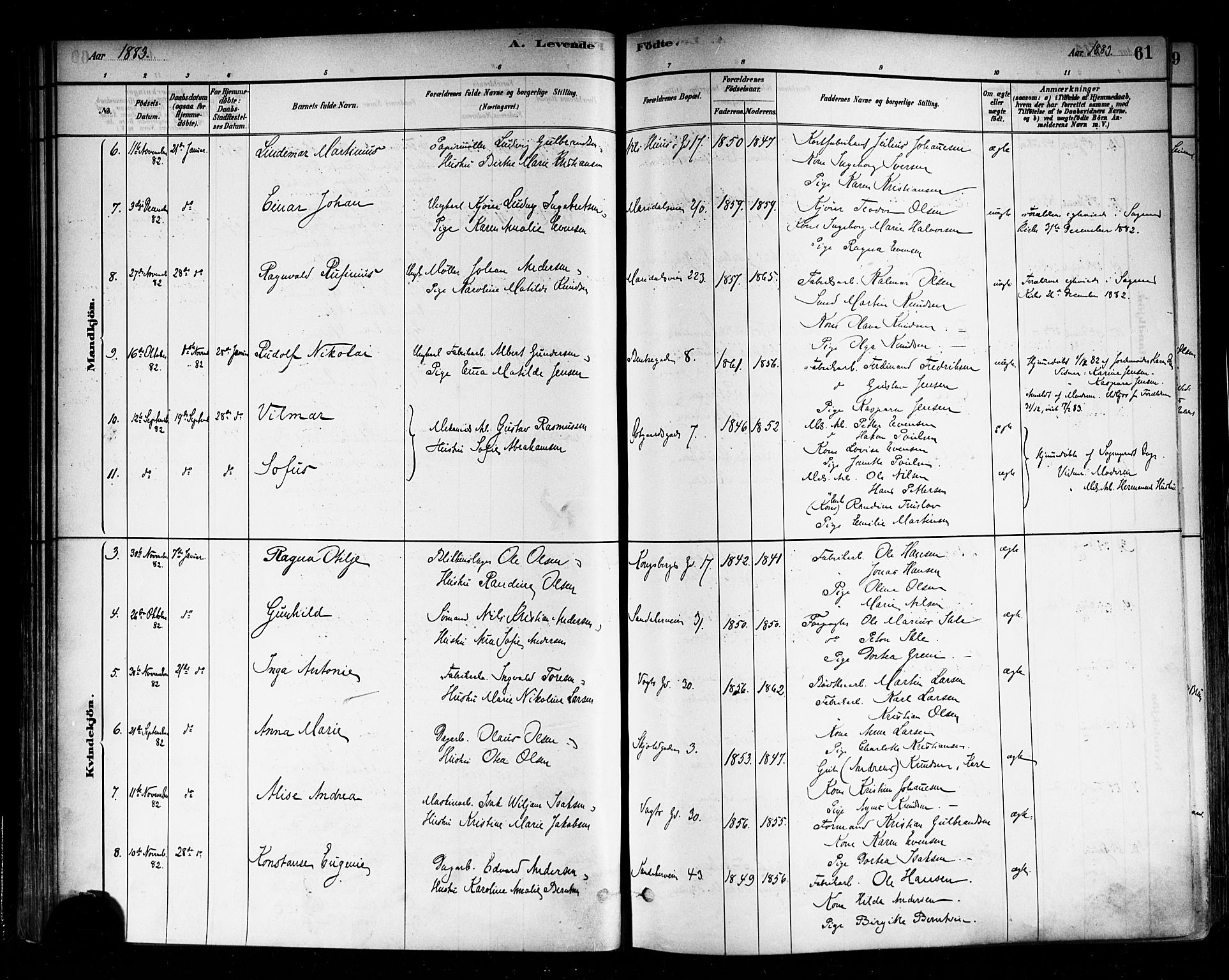 Sagene prestekontor Kirkebøker, SAO/A-10796/F/L0001: Parish register (official) no. 1, 1880-1893, p. 61
