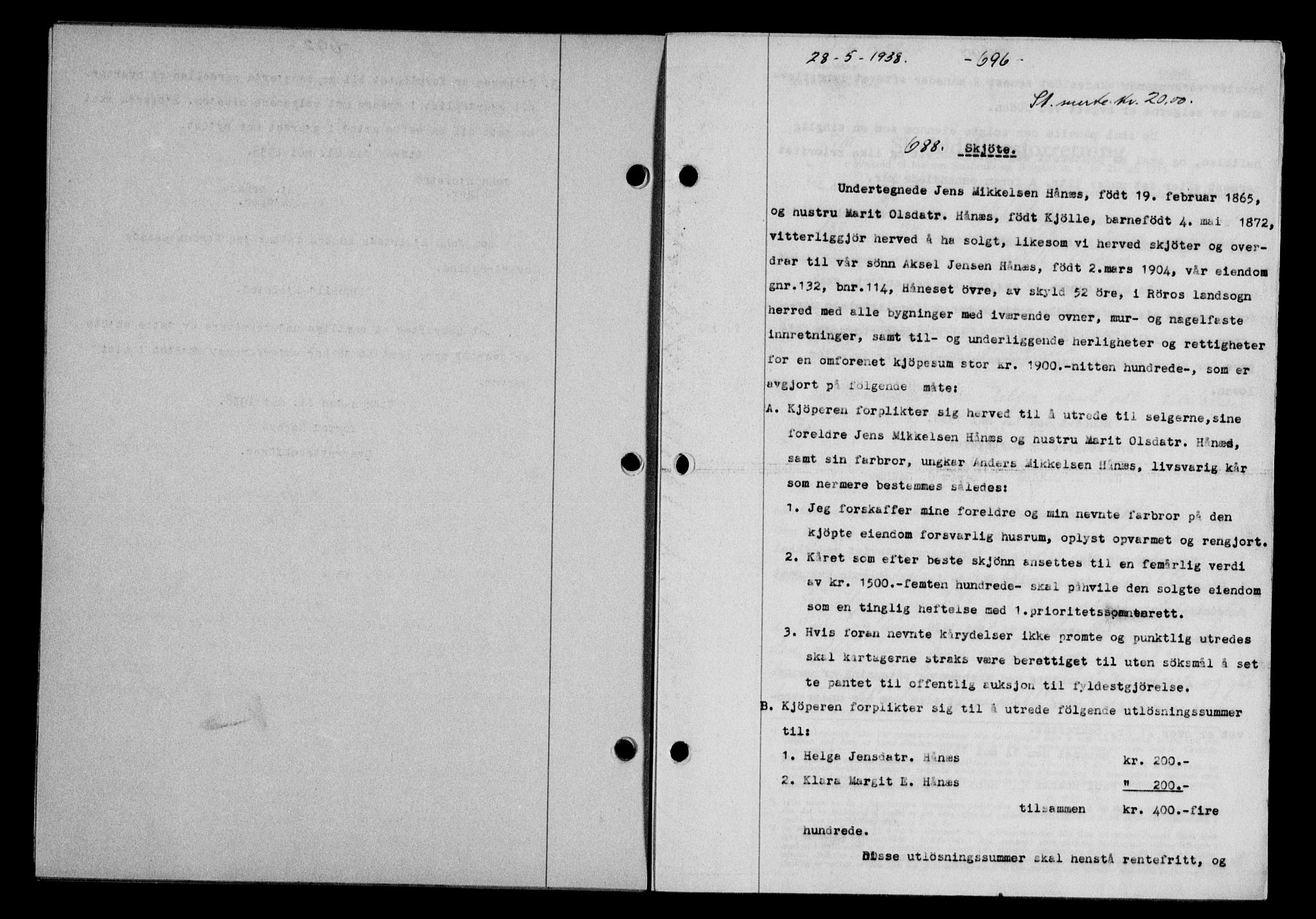 Gauldal sorenskriveri, SAT/A-0014/1/2/2C/L0048: Mortgage book no. 51-52, 1937-1938, p. 696, Diary no: : 688/1938