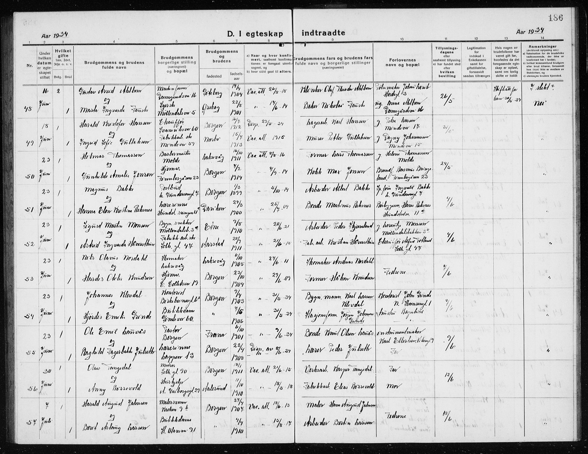 Årstad Sokneprestembete, AV/SAB-A-79301/H/Hab/L0020: Parish register (copy) no. C  2, 1920-1935, p. 186