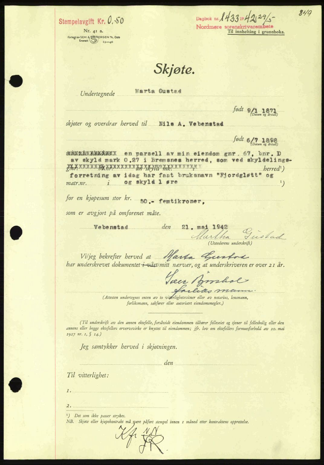 Nordmøre sorenskriveri, AV/SAT-A-4132/1/2/2Ca: Mortgage book no. A92, 1942-1942, Diary no: : 1433/1942