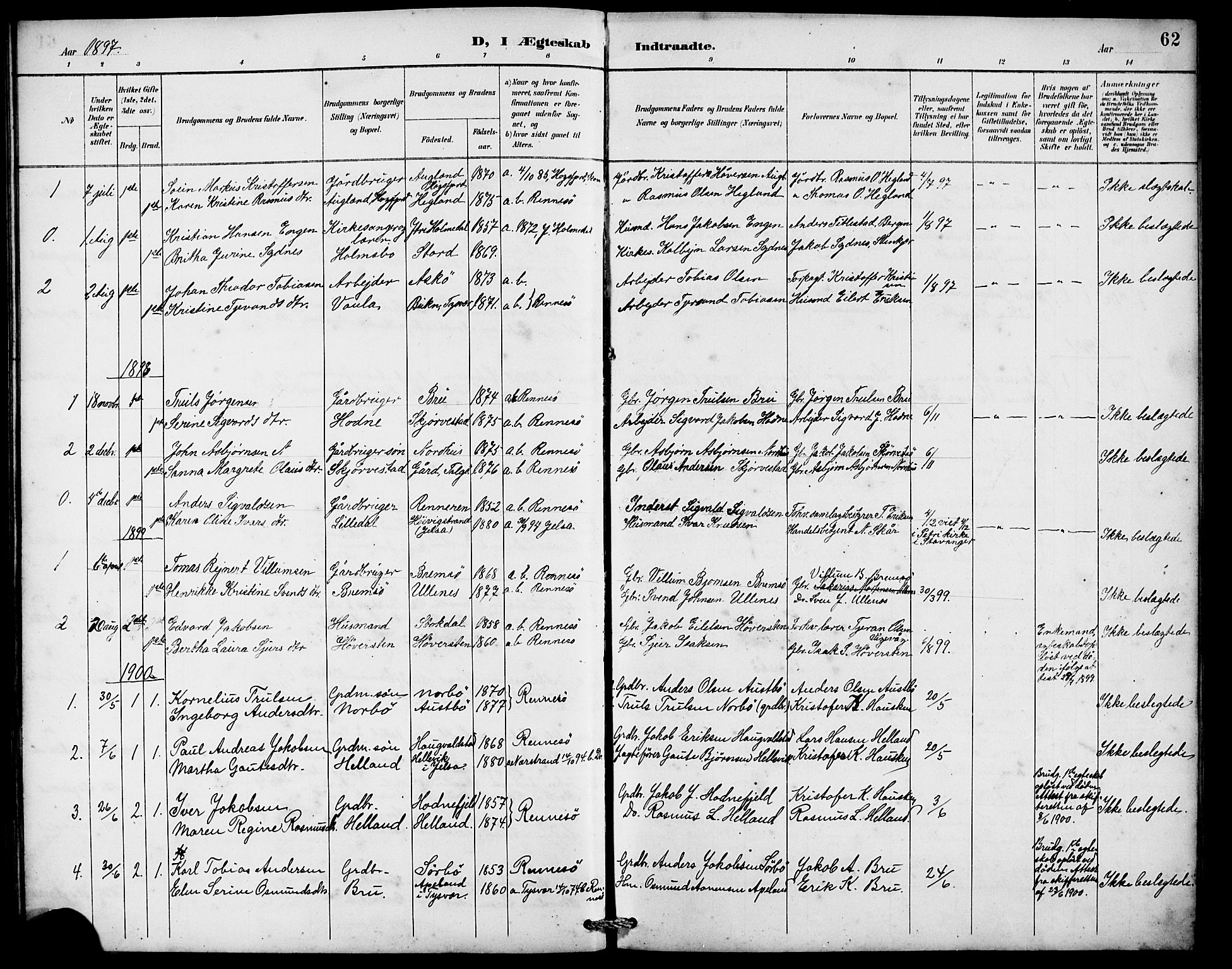 Rennesøy sokneprestkontor, SAST/A -101827/H/Ha/Hab/L0010: Parish register (copy) no. B 9, 1890-1918, p. 62