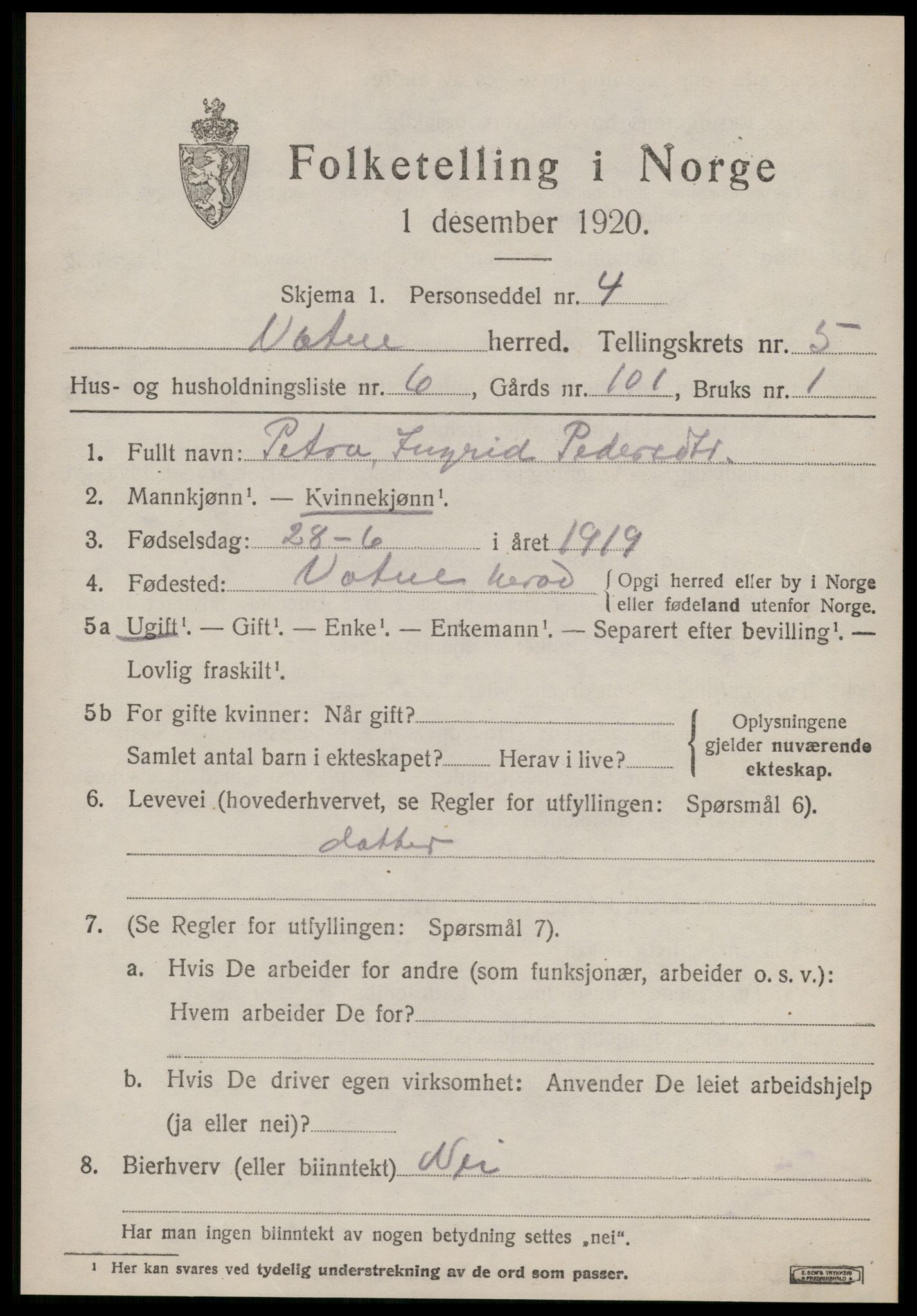 SAT, 1920 census for Vatne, 1920, p. 2232
