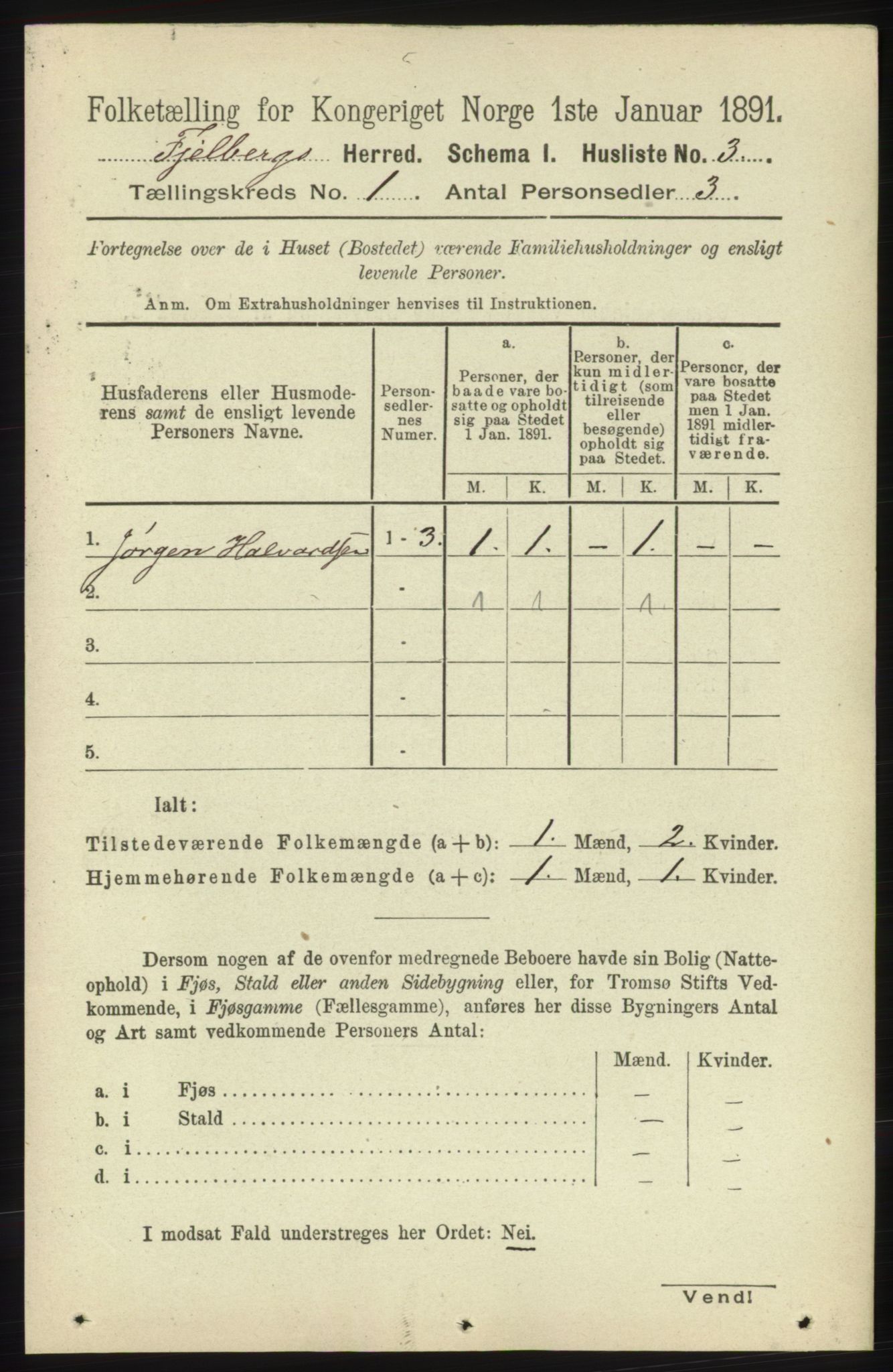 RA, 1891 census for 1213 Fjelberg, 1891, p. 31