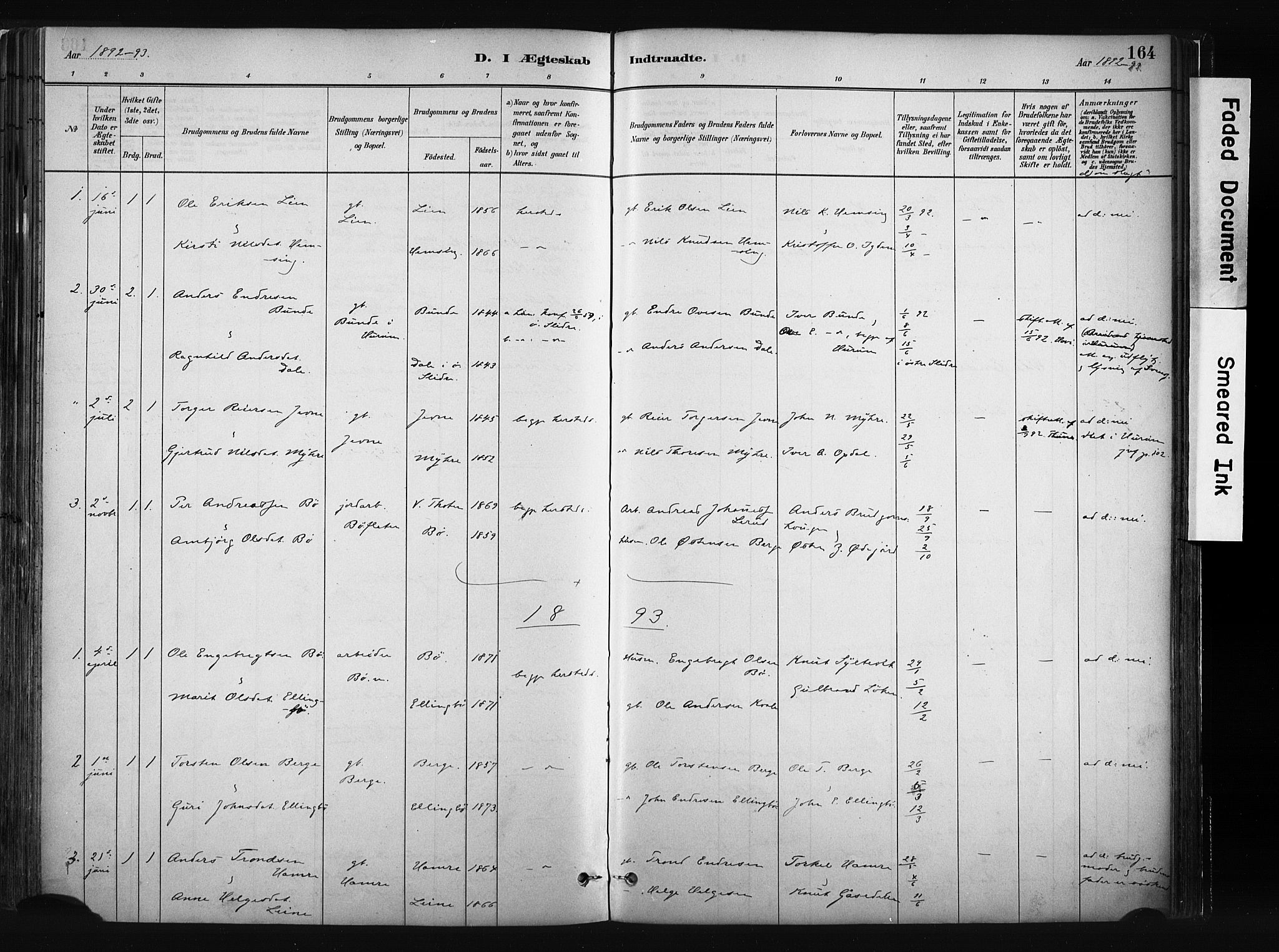 Vang prestekontor, Valdres, SAH/PREST-140/H/Ha/L0008: Parish register (official) no. 8, 1882-1910, p. 164