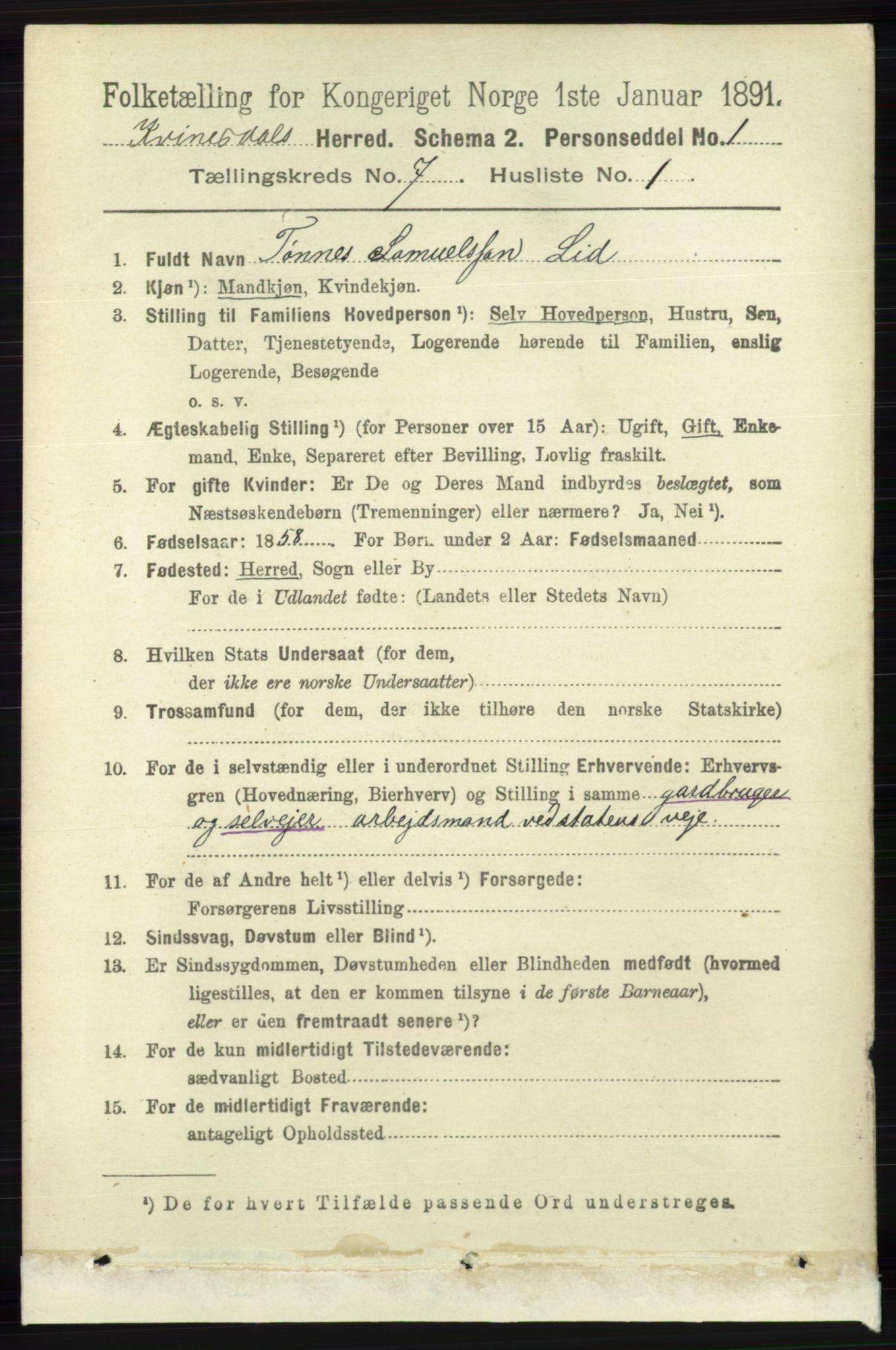 RA, 1891 census for 1037 Kvinesdal, 1891, p. 2421