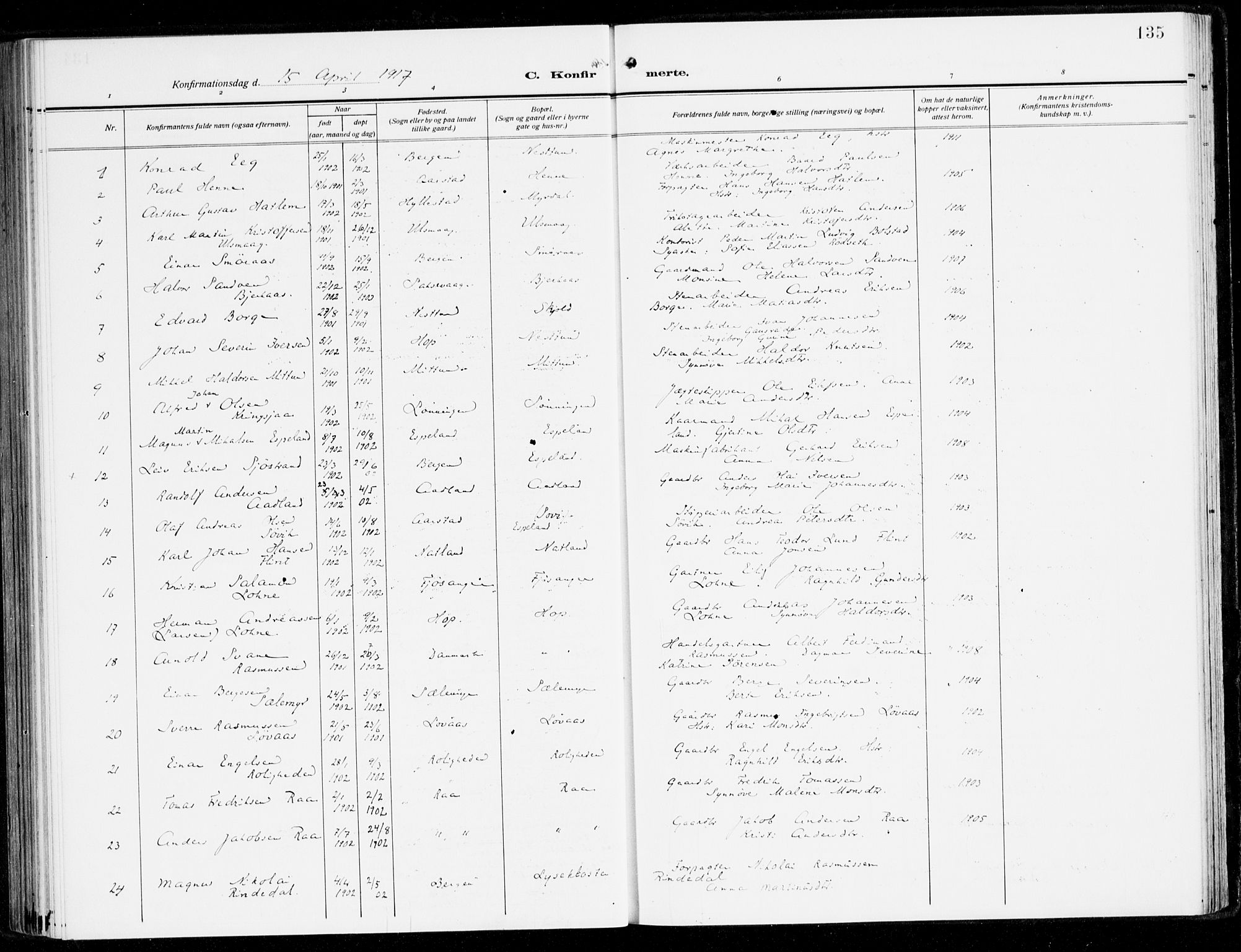 Fana Sokneprestembete, SAB/A-75101/H/Haa/Haai/L0004: Parish register (official) no. I 4, 1912-1933, p. 135