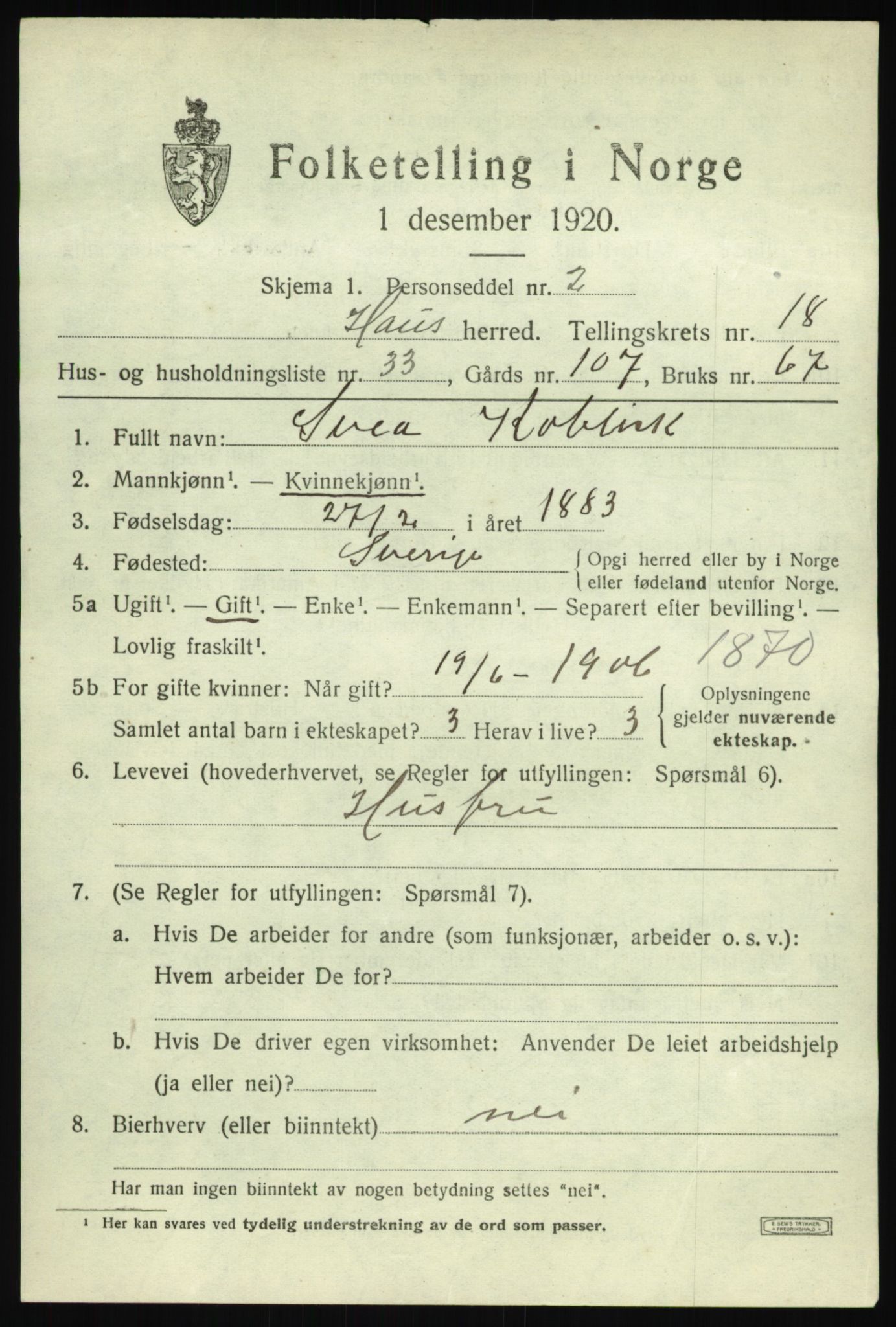 SAB, 1920 census for Haus, 1920, p. 12260