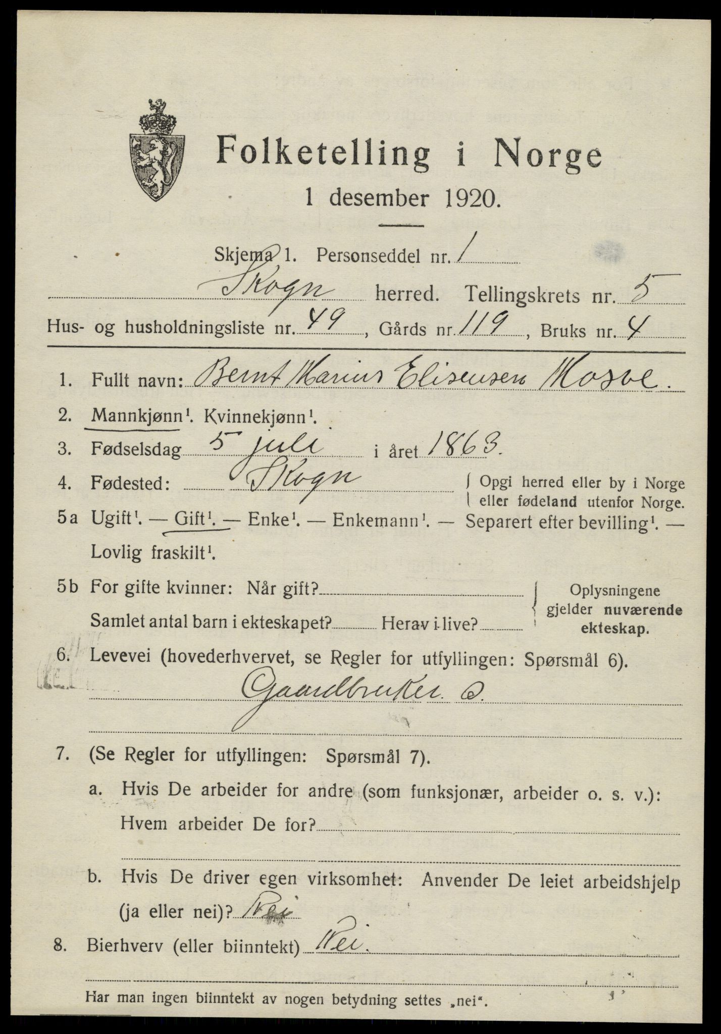 SAT, 1920 census for Skogn, 1920, p. 6997