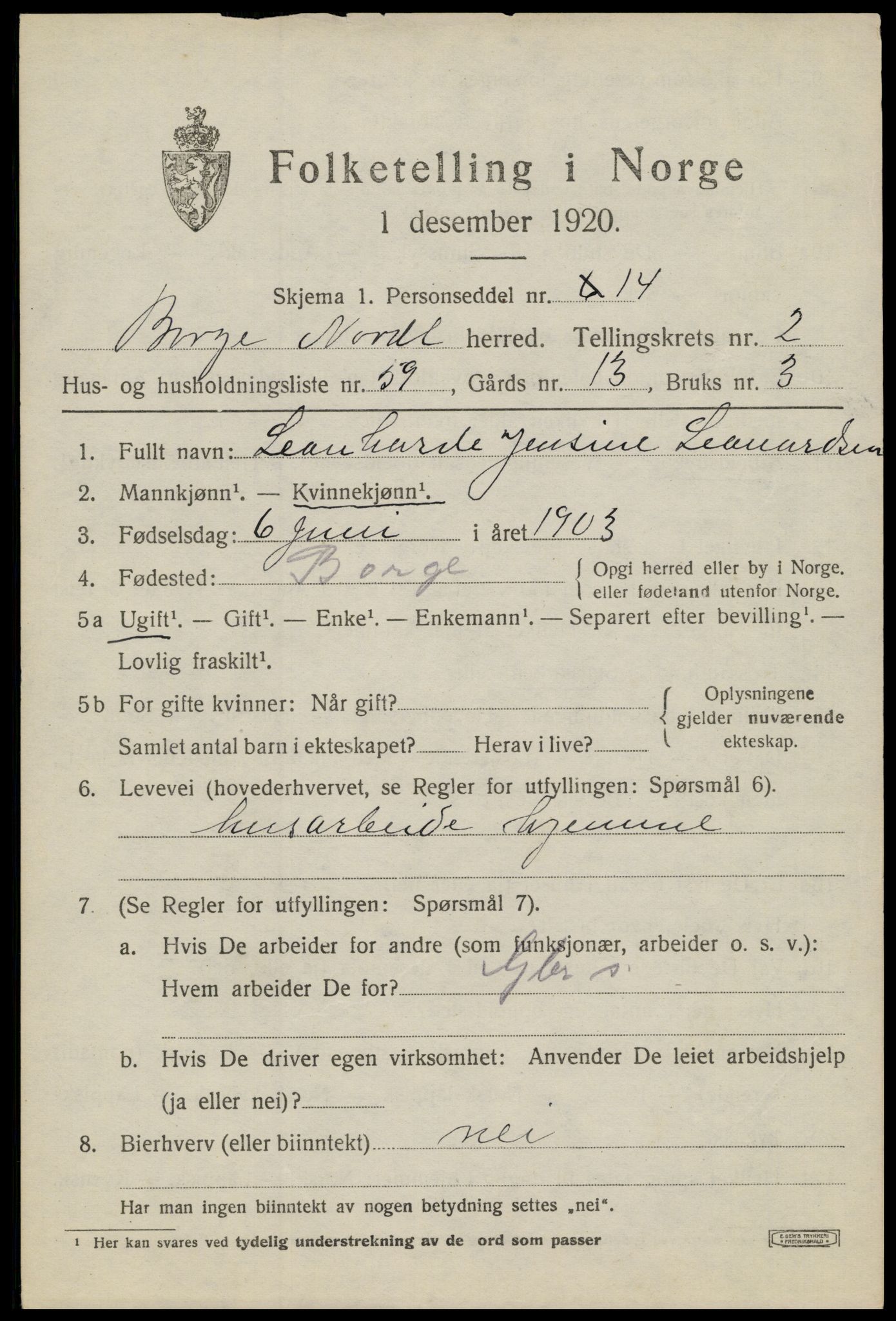 SAT, 1920 census for Borge, 1920, p. 3067