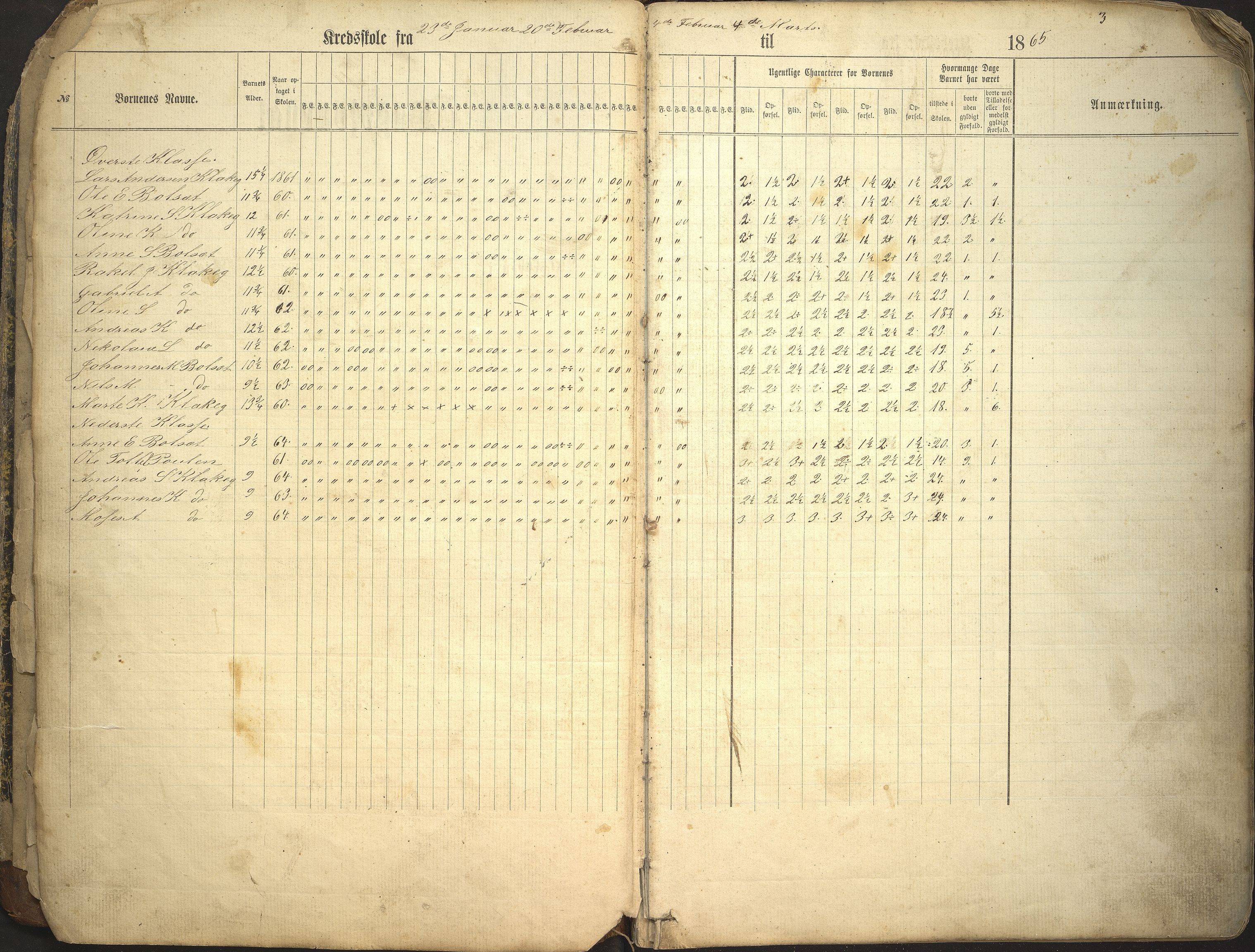 Jølster kommune. Åmot skule, VLFK/K-14310.520.13/543/L0001: dagsjournal for Klakegg krins, Flatjord krins, Heggheim krins og Aamod krins, 1865-1888