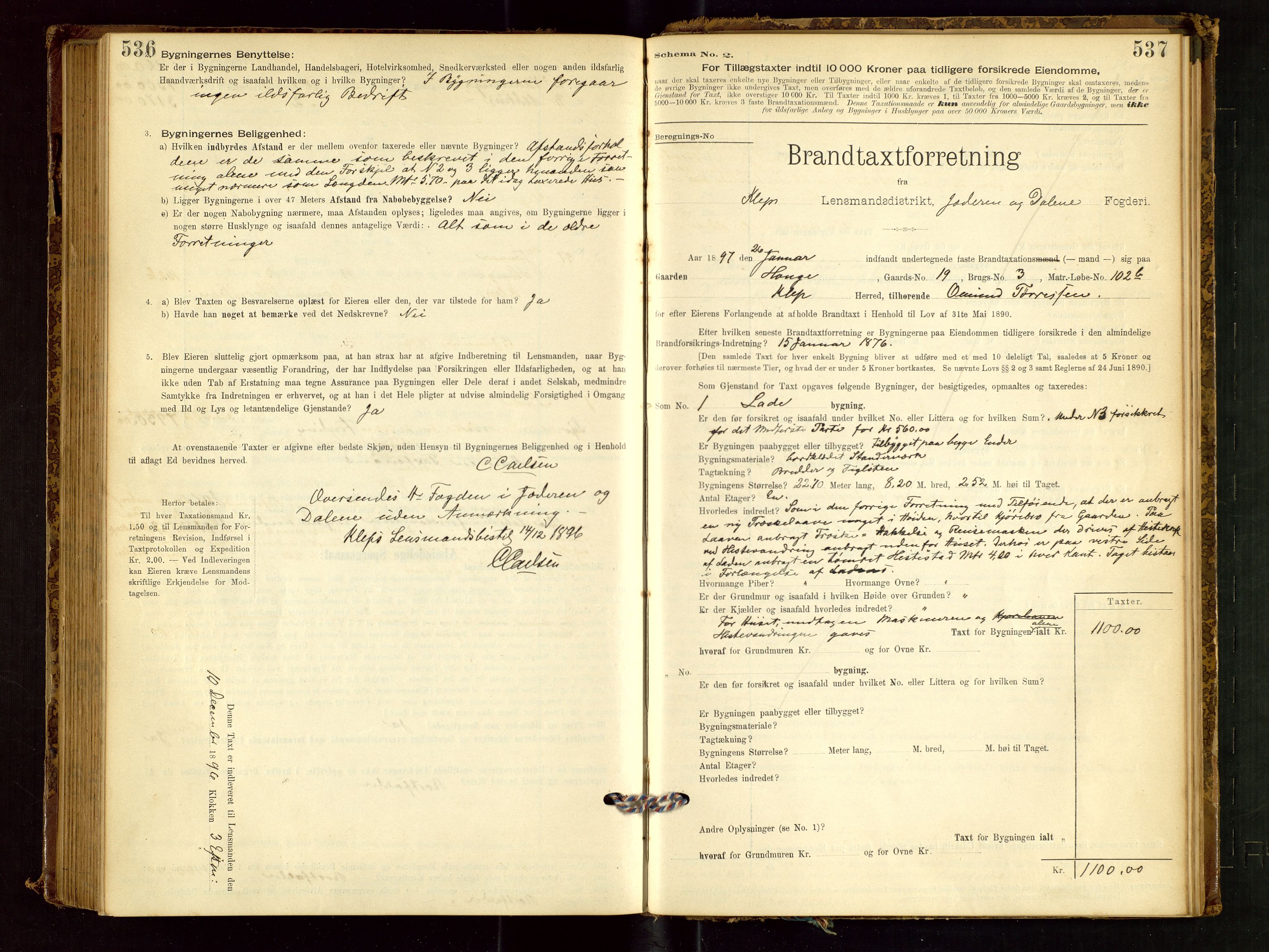 Klepp lensmannskontor, SAST/A-100163/Goc/L0001: "Brandtaxationsprotokol" m/register, 1895-1898, p. 536-537