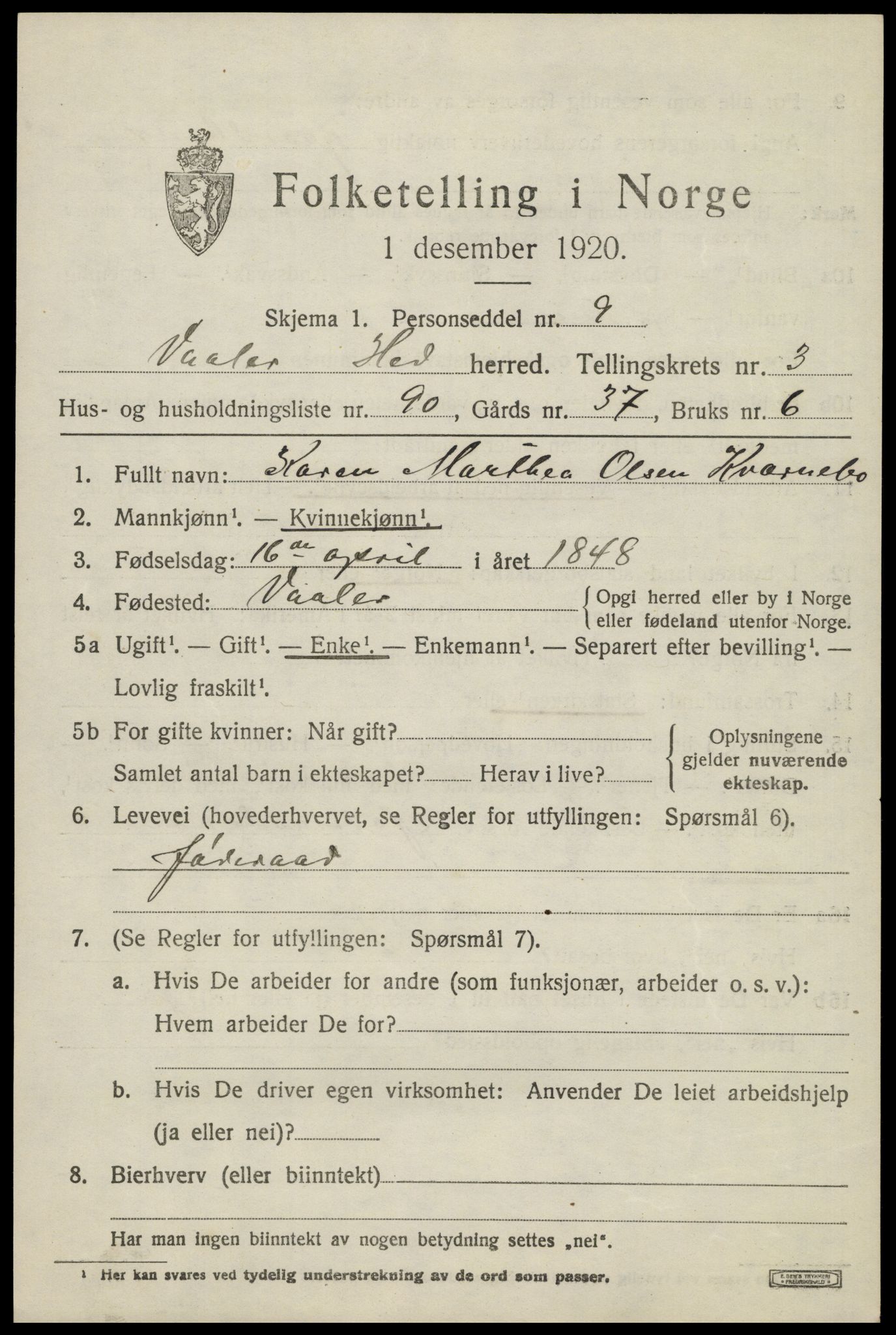 SAH, 1920 census for Våler (Hedmark), 1920, p. 4373