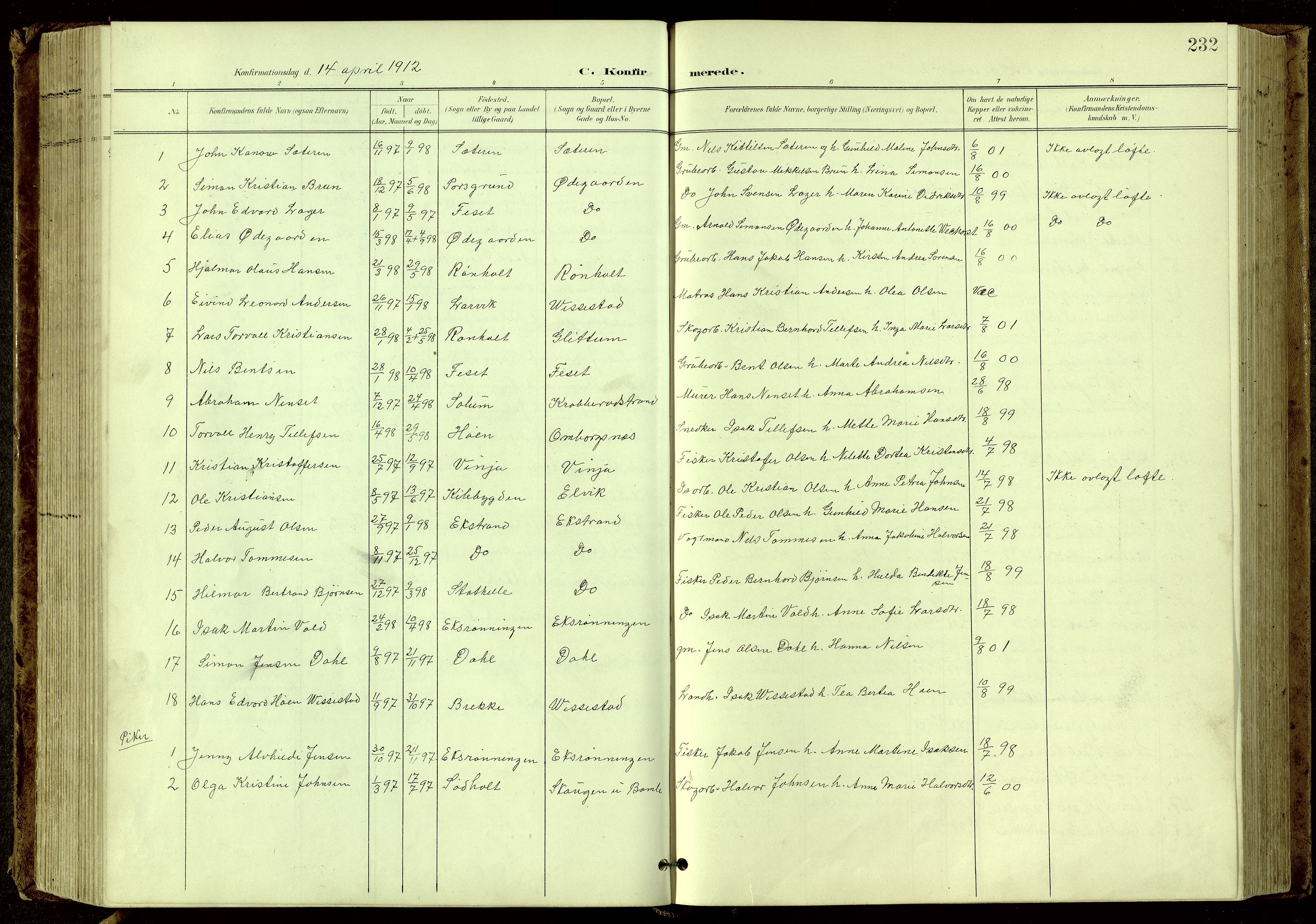 Bamble kirkebøker, SAKO/A-253/G/Ga/L0010: Parish register (copy) no. I 10, 1901-1919, p. 232