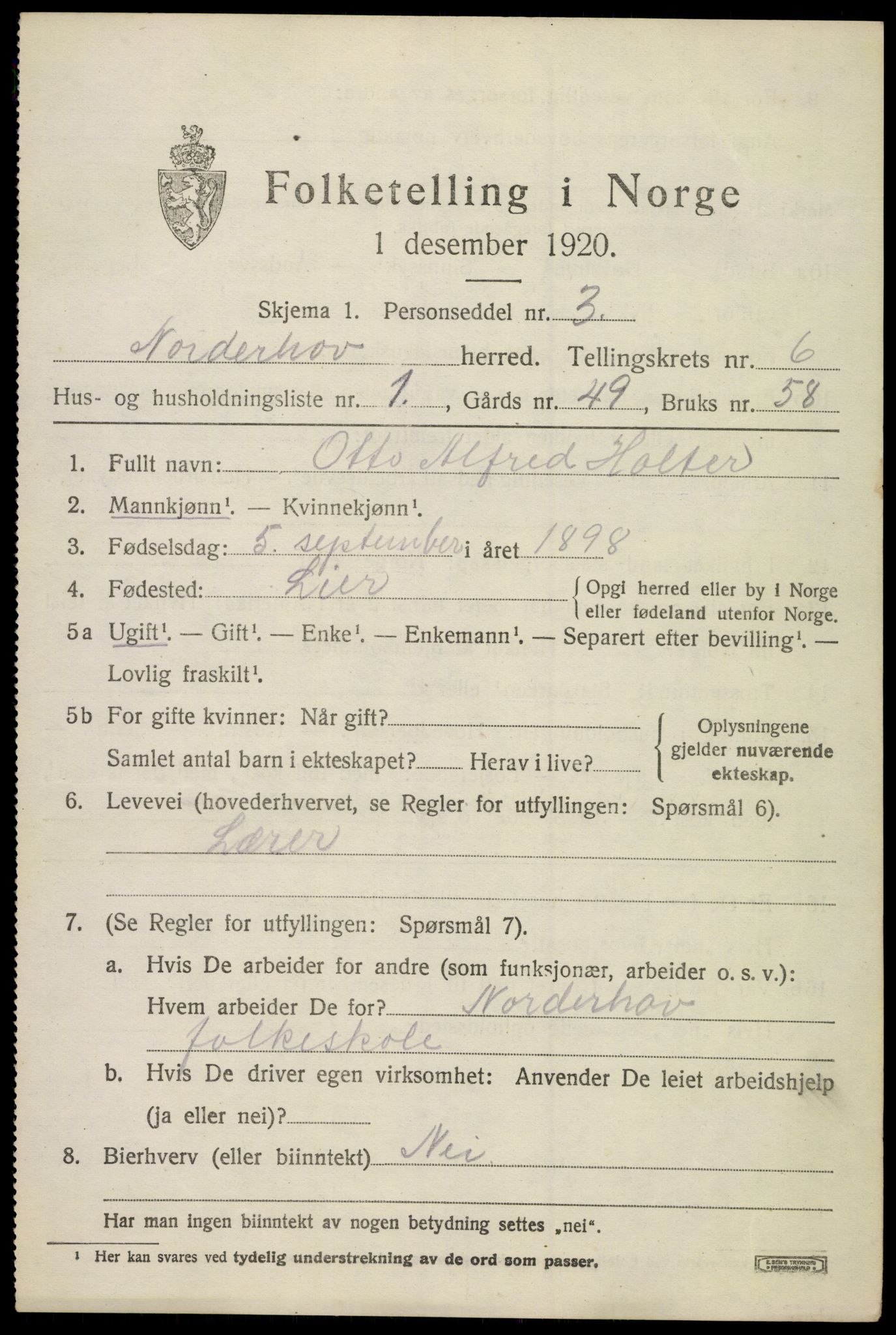 SAKO, 1920 census for Norderhov, 1920, p. 8657