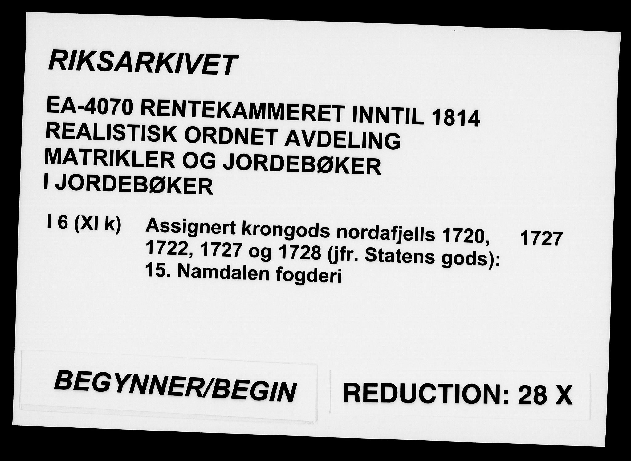Rentekammeret inntil 1814, Realistisk ordnet avdeling, RA/EA-4070/N/Na/L0006/0015: [XI k]: Assignert krongods nordafjells (1720, 1722, 1727 og 1728): / Namdalen fogderi, 1727