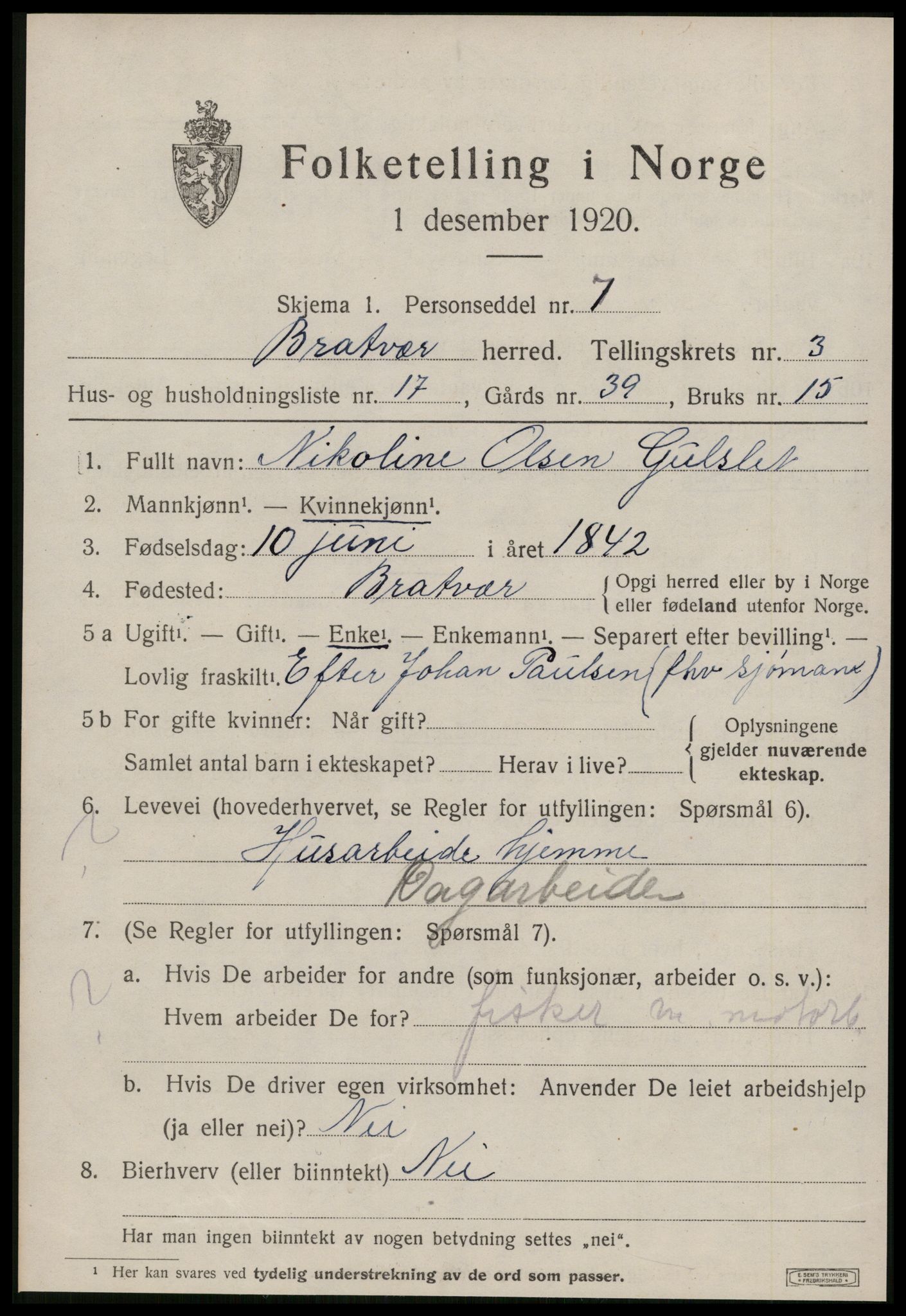 SAT, 1920 census for Brattvær, 1920, p. 1378