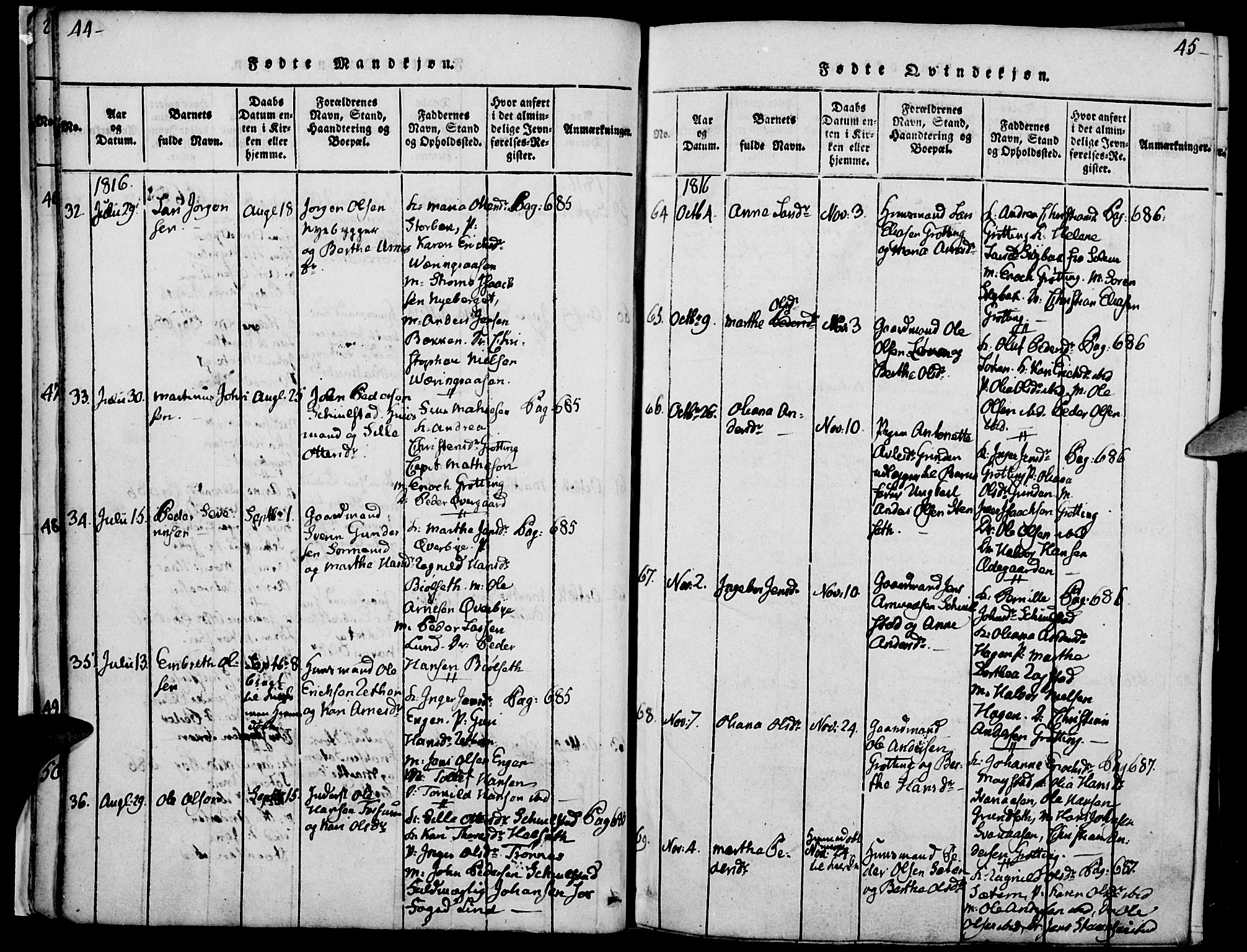 Elverum prestekontor, AV/SAH-PREST-044/H/Ha/Haa/L0007: Parish register (official) no. 7, 1815-1830, p. 44-45