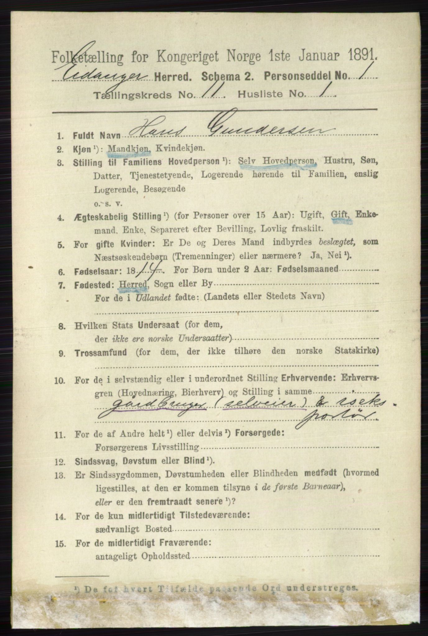 RA, 1891 census for 0813 Eidanger, 1891, p. 4237