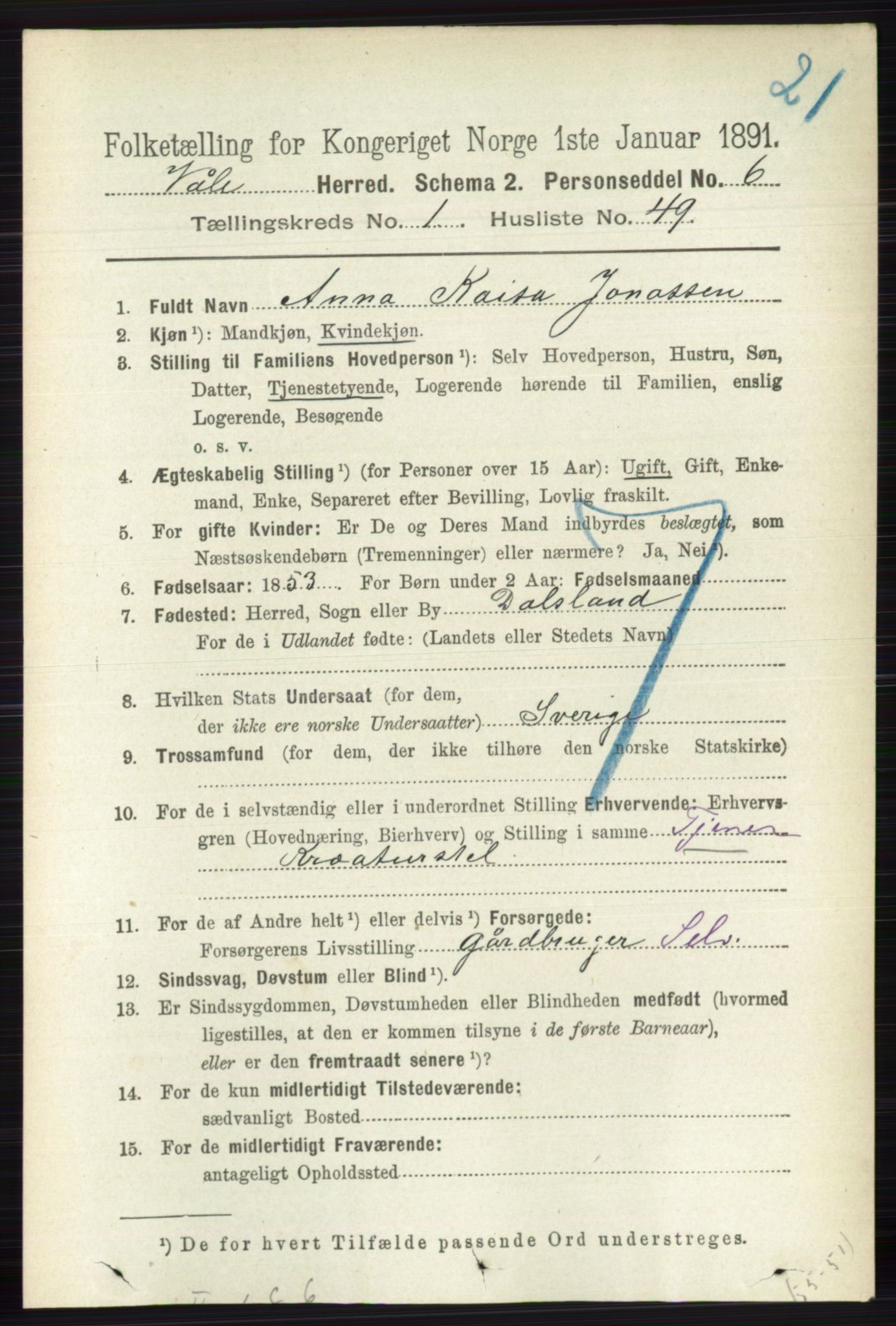 RA, 1891 census for 0716 Våle, 1891, p. 373
