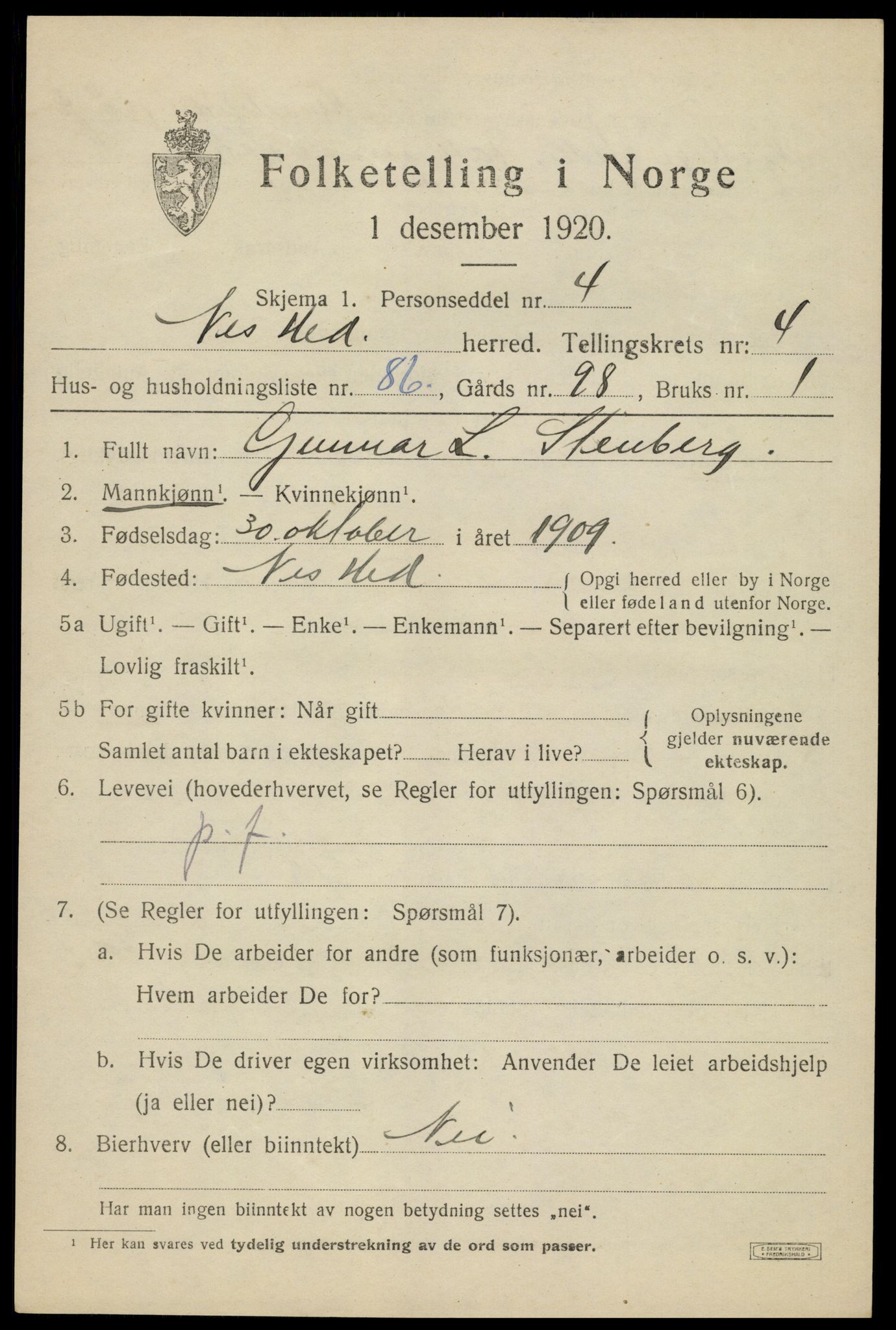 SAH, 1920 census for Nes (Hedmark), 1920, p. 6560