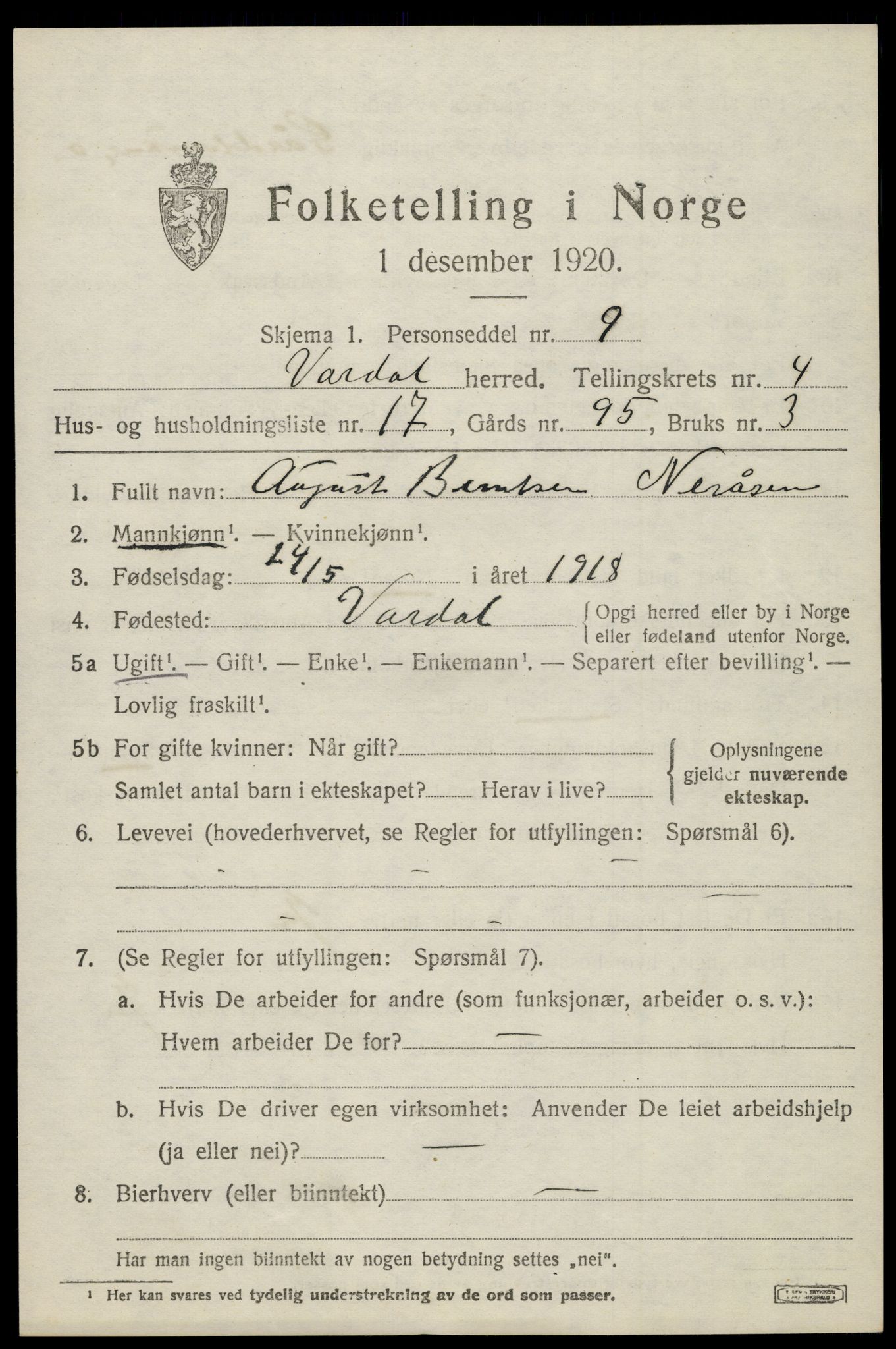 SAH, 1920 census for Vardal, 1920, p. 3037