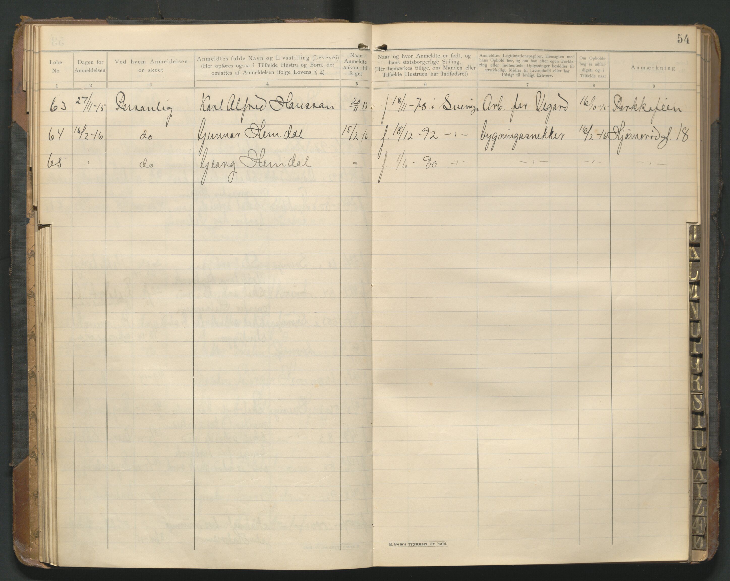 Fredrikstad politikammer, AV/SAO-A-10055/H/Hb/Hba/L0001: Protokoll over fremmede statsborgere, 1901-1916, p. 53b-54a