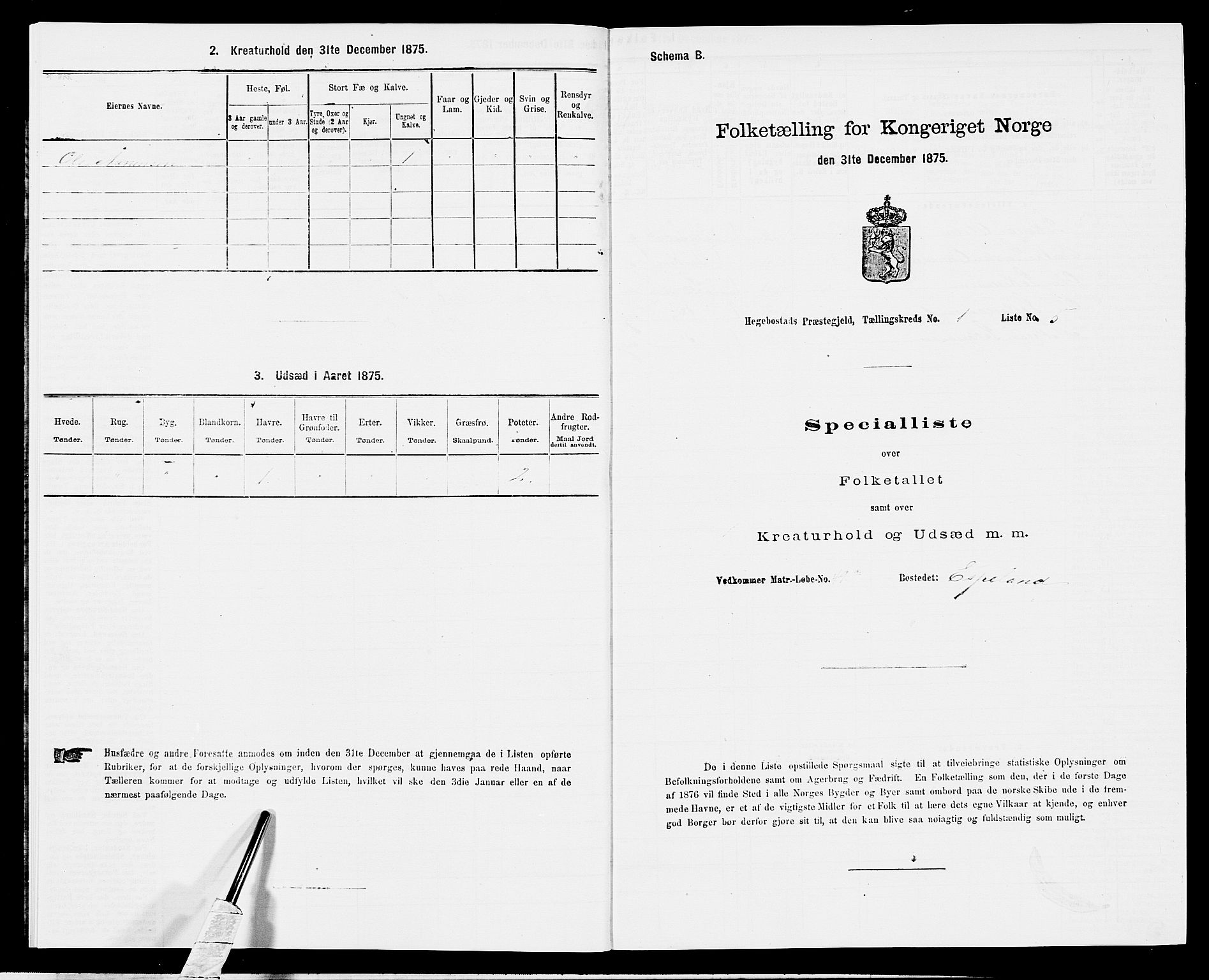 SAK, 1875 census for 1034P Hægebostad, 1875, p. 52