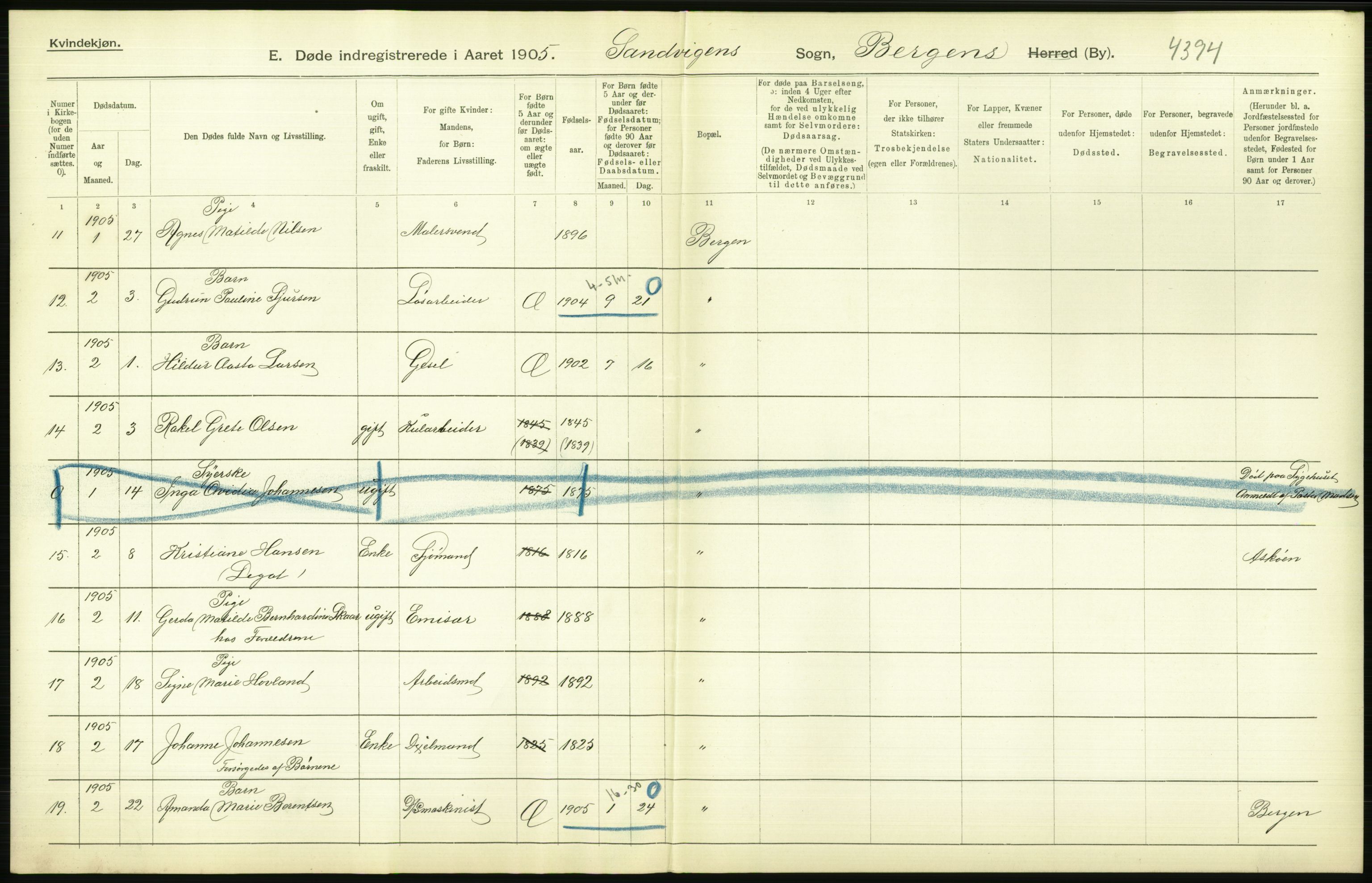 Statistisk sentralbyrå, Sosiodemografiske emner, Befolkning, AV/RA-S-2228/D/Df/Dfa/Dfac/L0027: Bergen: Døde, dødfødte, gifte., 1905, p. 4