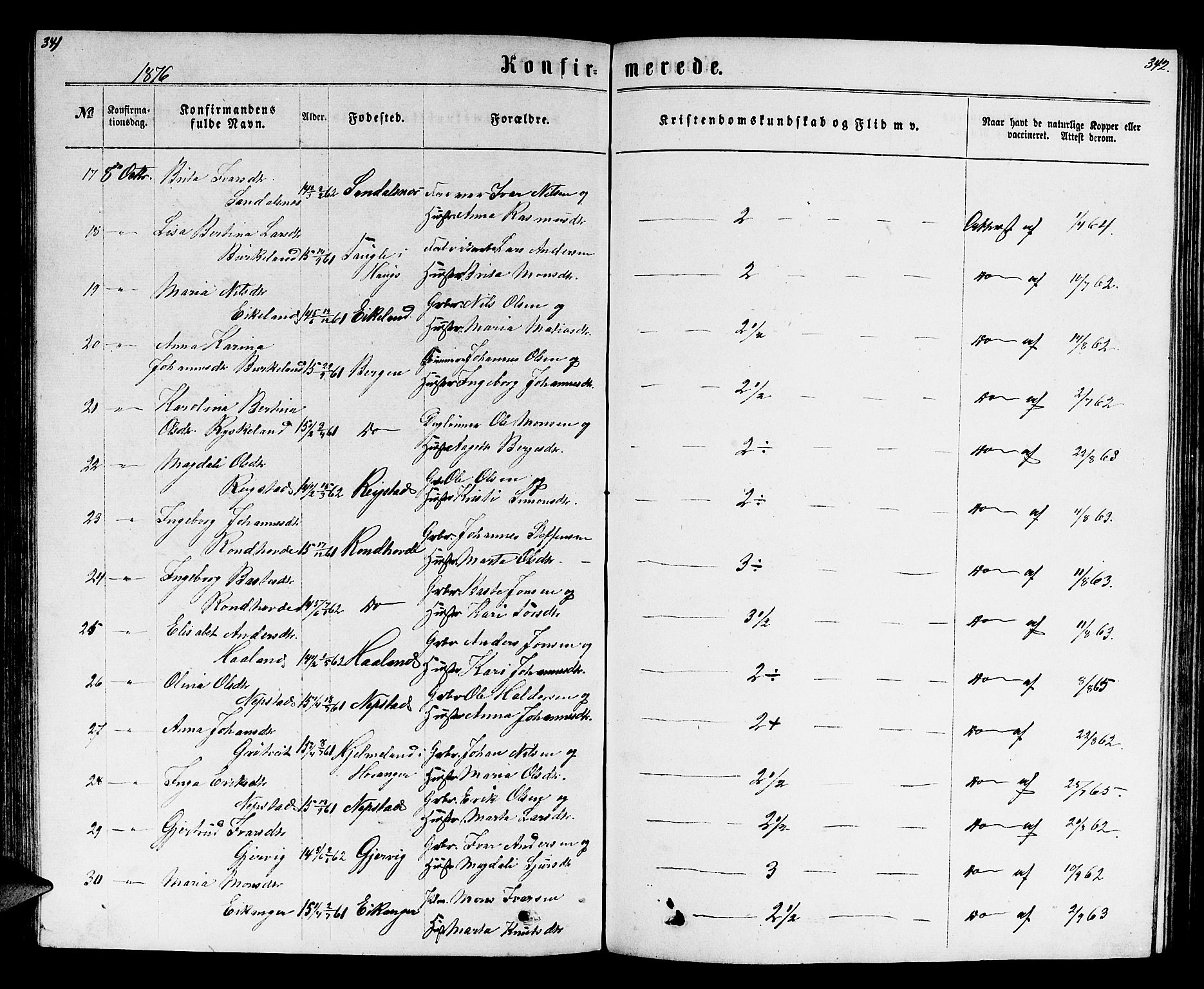 Hamre sokneprestembete, SAB/A-75501/H/Ha/Hab: Parish register (copy) no. B 2, 1863-1880, p. 341-342