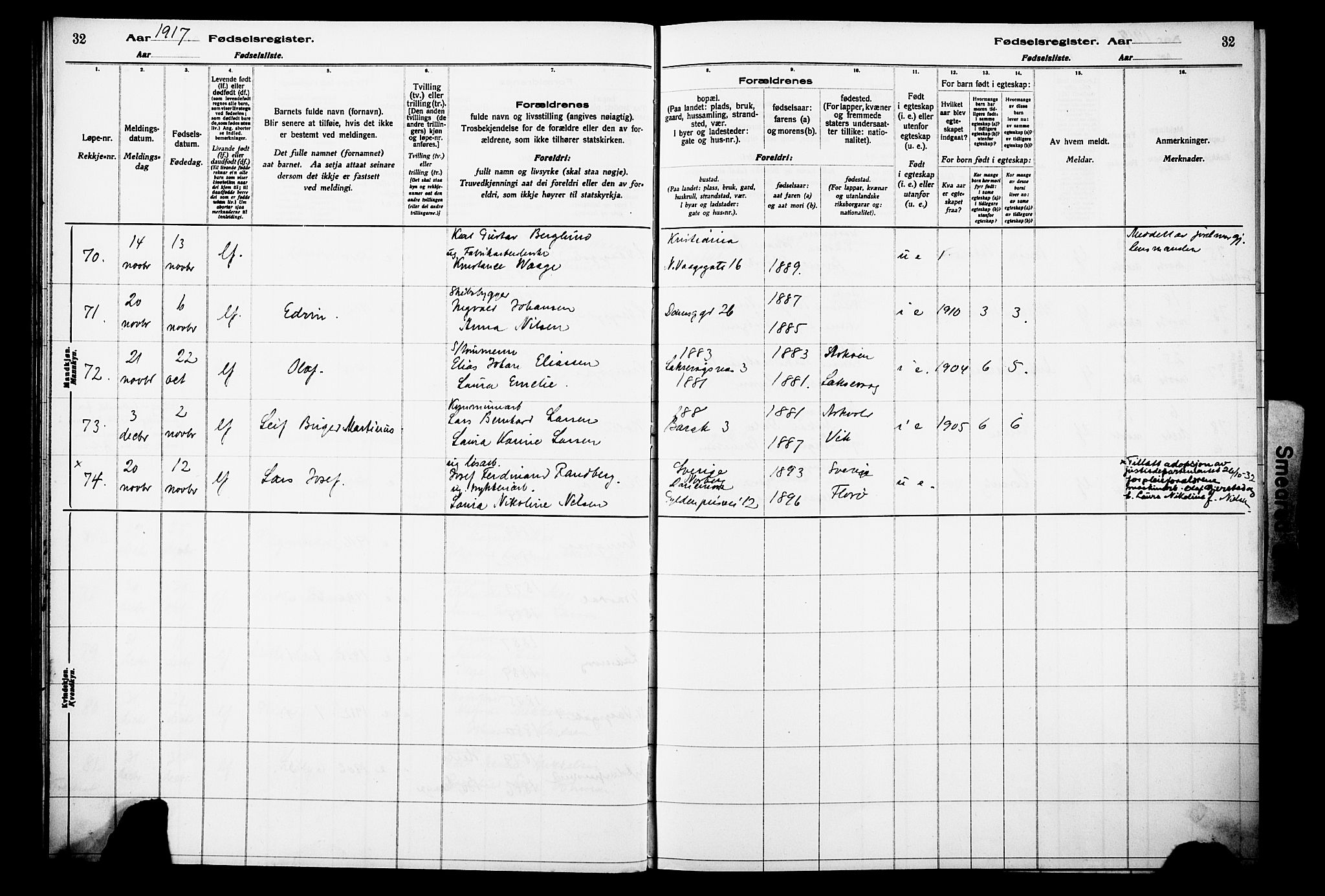 Laksevåg Sokneprestembete, AV/SAB-A-76501/I/Id/L00A1: Birth register no. A 1, 1916-1926, p. 32